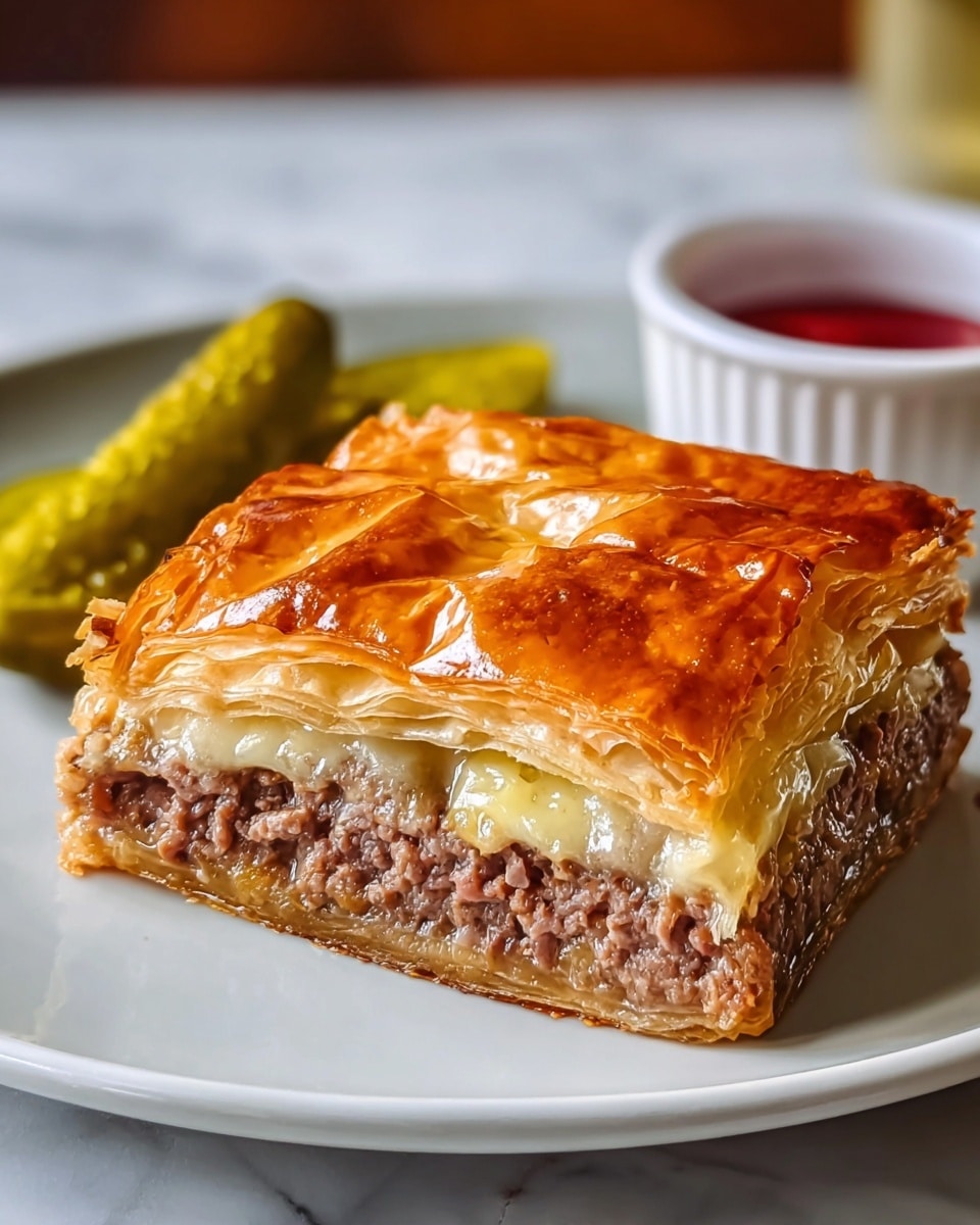 A square slice of meat pie is shown on a white plate, placed on a white marbled surface. The pie has three visible layers: a top layer of golden brown flaky pastry with a slightly shiny and crispy texture, a middle layer of ground cooked meat mixed with melted white cheese looking moist and dense, and a bottom layer of similarly flaky pastry supporting the filling. Next to the pie, there are two green pickles and a small portion of red sauce in a white ramekin. The scene is softly lit, highlighting the texture of the pie and the accompaniments. photo taken with an iphone --ar 4:5 --v 7