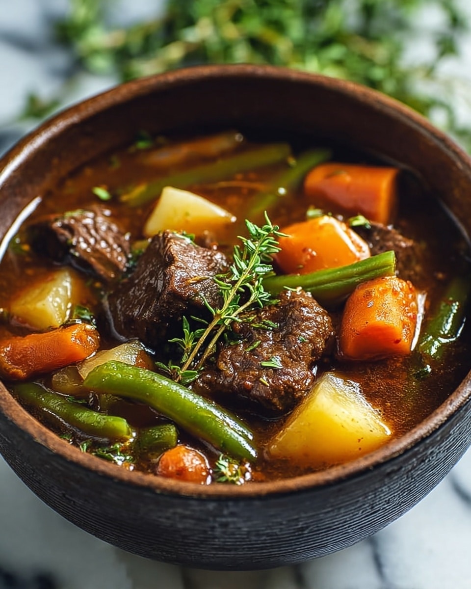 A deep bowl filled with a rich brown beef stew, showing thick chunks of dark brown beef, orange carrot pieces, pale yellow potato cubes, and bright green beans scattered on top, all sitting in a glossy, brownish broth. A small sprig of fresh green thyme rests on the beef near the center, adding a touch of freshness. The bowl is placed on a white marbled surface with blurred green herbs in the background, enhancing the warm and hearty feel of the dish. photo taken with an iphone --ar 4:5 --v 7