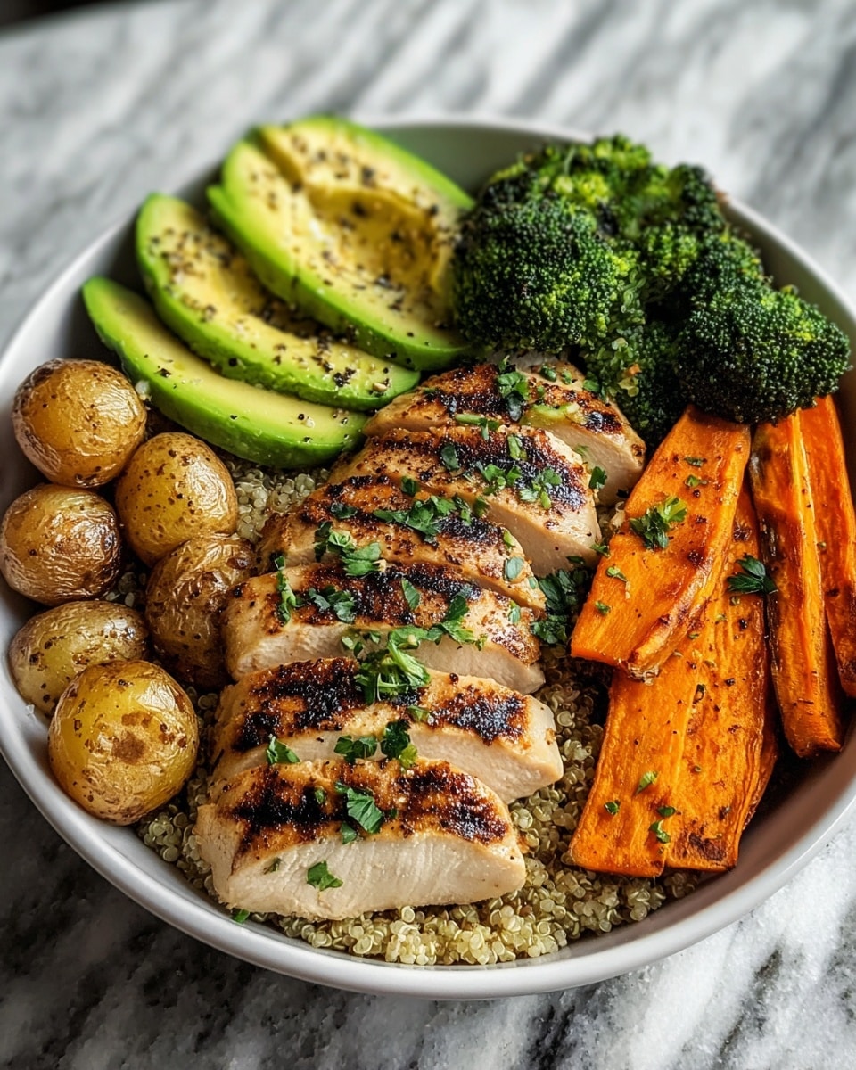 A bowl filled with a bottom layer of light beige quinoa, topped with several slices of grilled chicken breast that have visible dark grill marks and a garnish of chopped green herbs. To the right of the chicken are bright orange roasted sweet potato sticks with slight charring. Above the chicken, there is a cluster of dark green steamed broccoli florets. On the top left are two halves of a green avocado with a sprinkle of black pepper, and next to the avocado are golden brown small roasted potatoes with seasoning. The bowl is white, and the background shows a white marbled surface. photo taken with an iphone --ar 4:5 --v 7