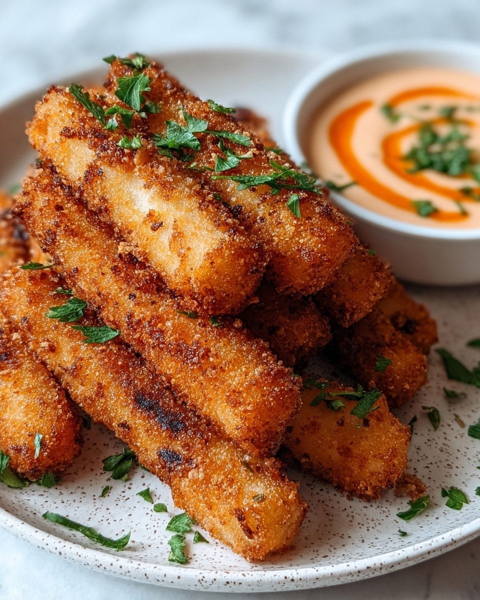 The image shows a pile of crispy, golden-brown fried mozzarella sticks stacked on a white speckled plate. The sticks have a crunchy, grainy texture with some darker brown spots from frying. Fresh green parsley leaves are scattered on top, adding a touch of color. In the background, there is a small white bowl filled with creamy light orange dipping sauce, drizzled with a darker orange sauce and garnished with more chopped parsley. The whole scene is set on a white marbled texture. photo taken with an iphone --ar 4:5 --v 7