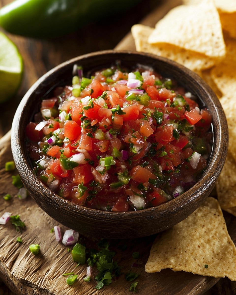 The image shows a bowl of salsa placed on a wooden surface. The salsa has one visible layer made up of finely chopped red tomatoes, green peppers, white onions, and green herbs, all mixed together giving a fresh and colorful look with a mix of red, green, white, and purple hues. The bowl is dark-colored and rustic in texture. Around the bowl, there are crispy light beige tortilla chips partly inside and scattered outside the bowl. The backdrop has a blurred green pepper on a wooden board. photo taken with an iphone --ar 4:5 --v 7