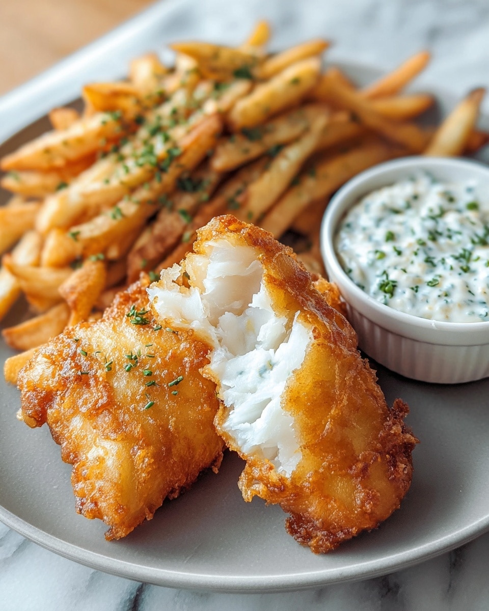 A white plate holds two pieces of golden-brown, crispy fried fish, one piece broken open to show the soft, flaky white fish inside with a crunchy texture outside. Next to the fish is a pile of thin, light golden fries sprinkled with green herbs. In the back right, there is a small white bowl with a creamy white sauce, dotted with small green herbs. The plate is set on a white marbled surface. photo taken with an iphone --ar 4:5 --v 7