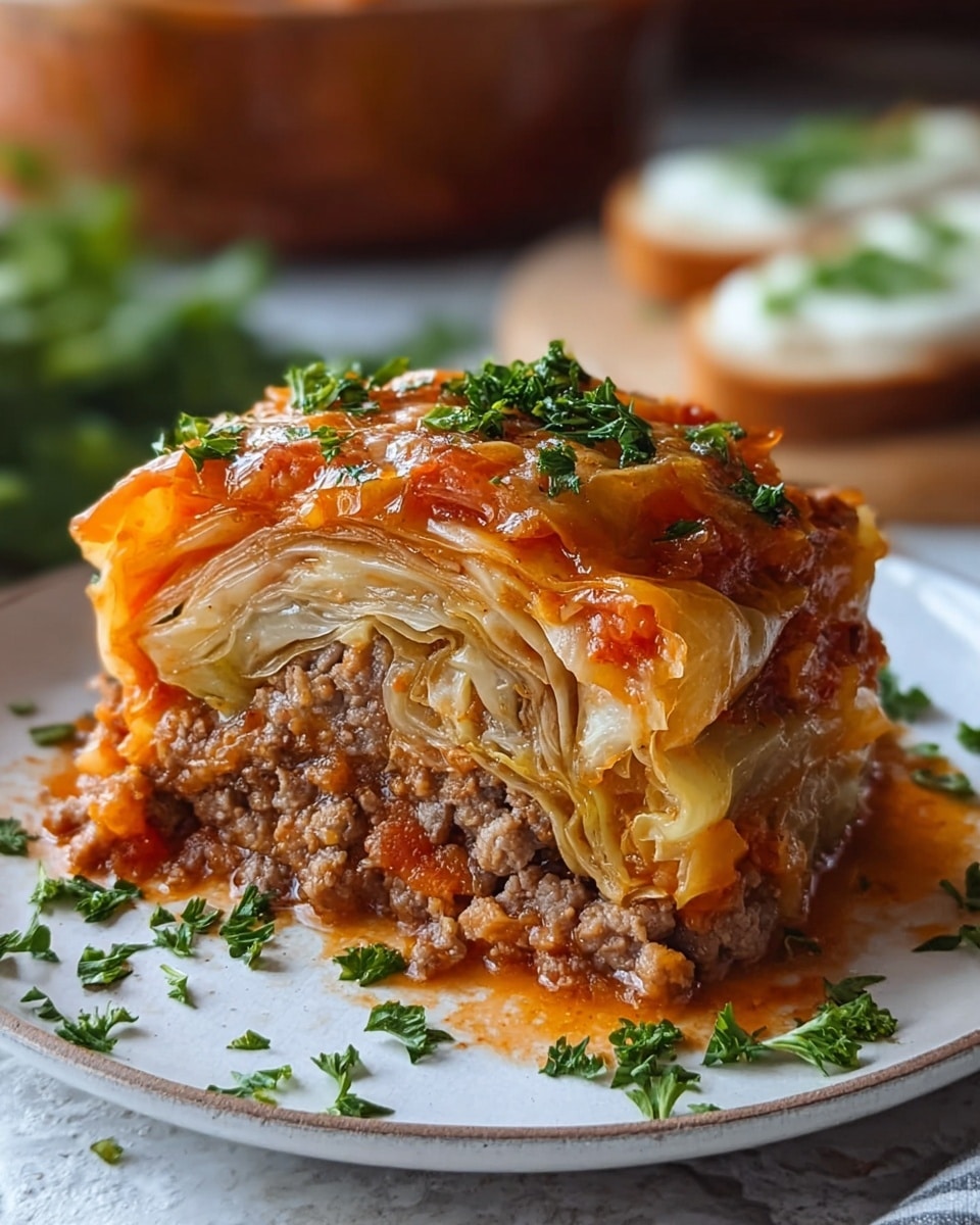 A thick slice of layered cabbage roll sits on a white plate, showing clear layers of cooked cabbage leaves, brown cooked ground meat, and a rich reddish-orange tomato sauce soaked throughout. The top is garnished with bright green chopped parsley, with extra parsley scattered around the plate. In the blurry background, two slices of bread with a creamy white spread and some green garnish are visible, all placed on a white marbled textured surface. The colors are warm and appetizing, highlighting textures of soft cabbage, tender meat, and saucy topping. photo taken with an iphone --ar 4:5 --v 7