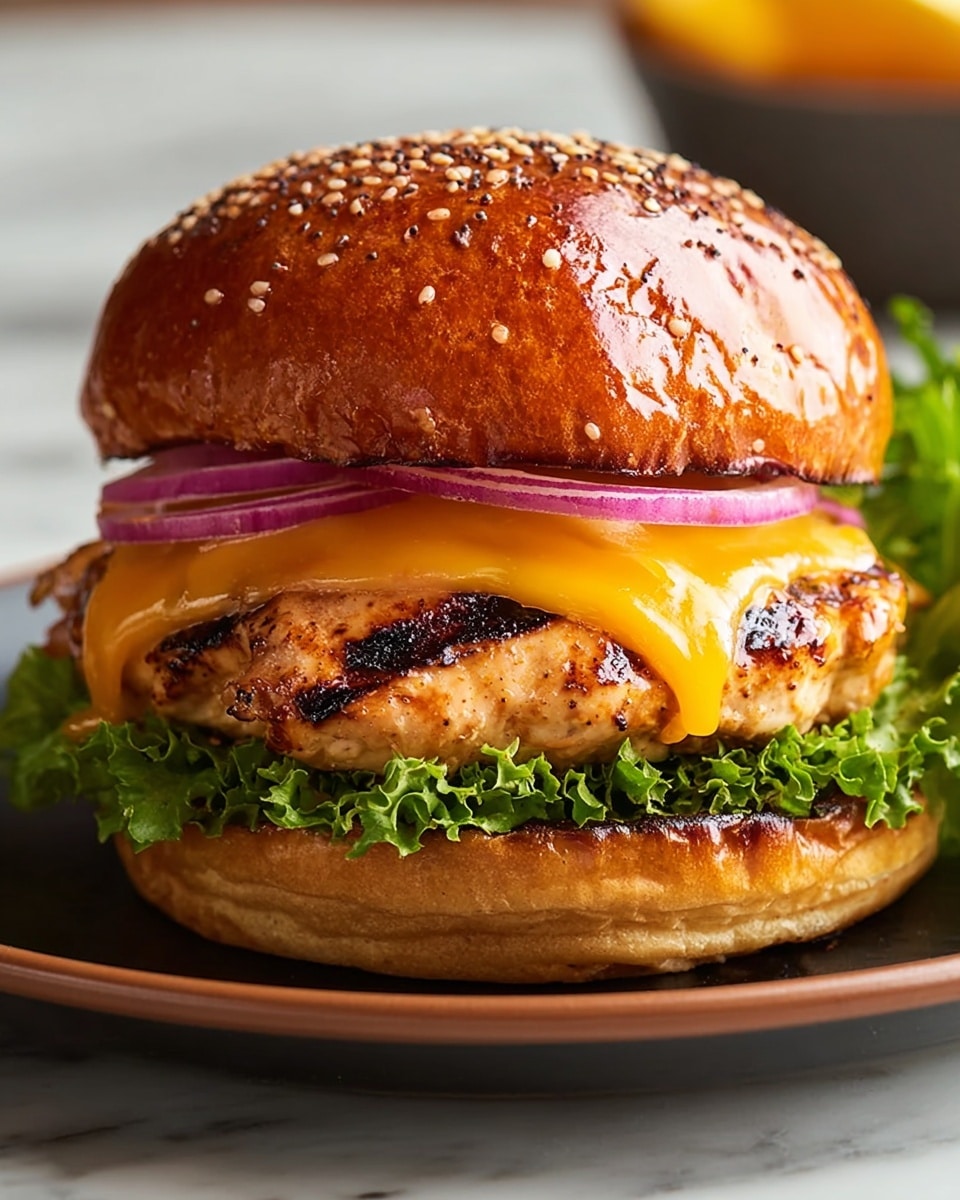A close-up of a chicken burger with five visible layers: the top layer is a shiny, toasted sesame seed bun with grill marks, beneath it are thin, crisp red onion slices, followed by a melted slice of bright orange cheddar cheese that drapes over a grilled, slightly charred chicken patty. Below the patty is a layer of fresh, leafy green lettuce, and the bottom layer is a toasted bun bottom. The burger sits on a white plate with a dark edge, placed on a white marbled surface. Photo taken with an iphone --ar 4:5 --v 7