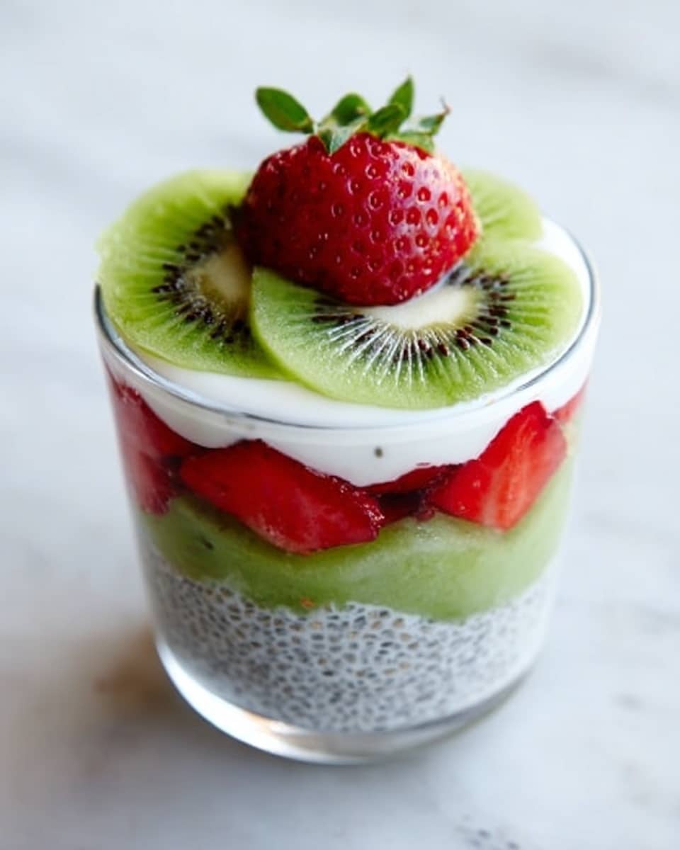 The image shows a clear glass filled with four distinct layers, placed on a white marbled surface. The bottom layer is a speckled gray chia seed pudding with a grainy texture. Above that is a bright red layer of sliced strawberries arranged close to the glass walls. The third layer is a smooth, creamy white yogurt. On top, there are thin slices of green kiwi with black seeds scattered, and a whole bright red strawberry with green leaves sits in the center. The colors are fresh and vibrant, and the glass is simple and transparent. Photo taken with an iphone --ar 4:5 --v 7