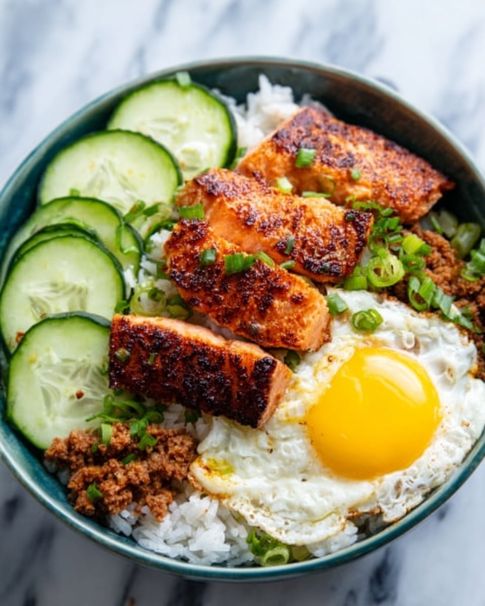 A white bowl filled with a bed of white rice at the bottom, topped with four pieces of grilled salmon with a slightly crispy golden-brown surface placed in the center. Around the salmon are thin slices of cucumber that are pale green with a fresh, smooth texture. To one side, there is a layer of cooked ground meat that has a crumbly brown texture. On the opposite side, a bright yellow fried egg with a soft, runny yolk is placed. Some green chopped herbs are sprinkled on top of everything. The bowl is set on a white marbled surface. Photo taken with an iphone --ar 4:5 --v 7
