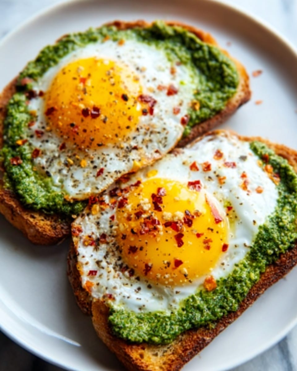 Two slices of toasted bread are topped with a bright green spread of pesto, covering the surface evenly. Each slice has a cooked sunny-side-up egg on top, with vibrant yellow yolks and slightly crispy white edges. A sprinkle of red chili flakes and black pepper is scattered on the eggs, adding texture and color contrast. The toast pieces are placed side by side on a white plate, all set on a white marbled surface. photo taken with an iphone --ar 4:5 --v 7