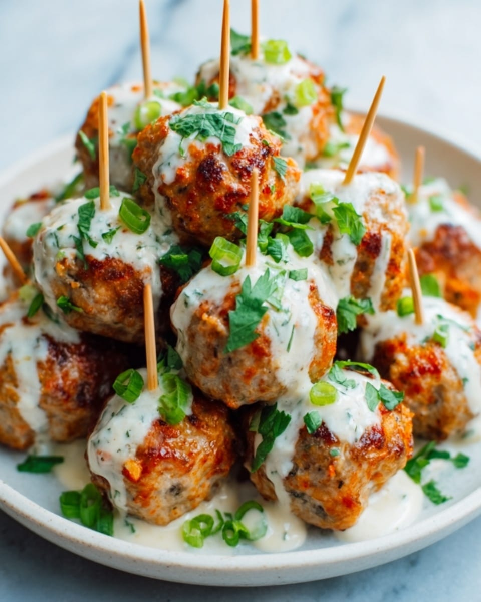 A white plate filled with a pile of golden-brown meatballs covered in a creamy white sauce drizzled on top. The meatballs have a slightly crispy texture on the outside and are garnished with chopped green herbs and green onion pieces. Each meatball is pierced with a wooden skewer standing upright, and the plate sits on a white marbled surface. photo taken with an iphone --ar 4:5 --v 7