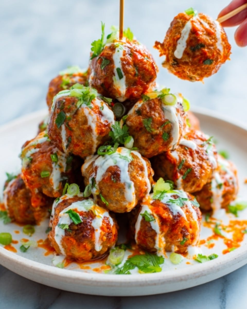 A white plate holds a stack of about ten round meatballs, each coated in a reddish-orange sauce. The meatballs are topped with a drizzle of creamy white sauce and sprinkled with finely chopped green onions and small cilantro leaves. Wooden skewers stick into some meatballs, and a woman's hand is lifting one meatball with the skewer. The plate sits on a white marbled surface. photo taken with an iphone --ar 4:5 --v 7