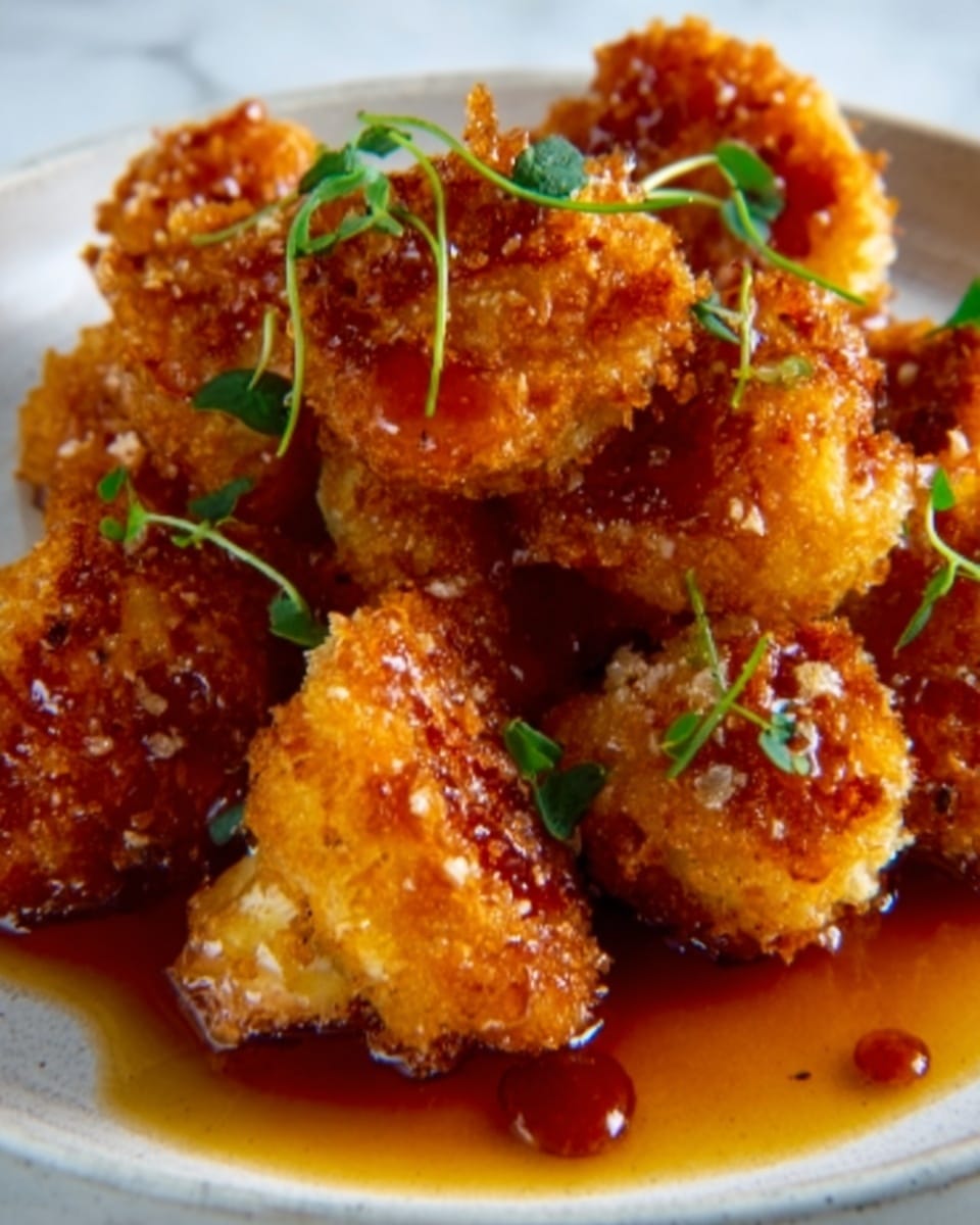 The image shows several pieces of golden brown fried cauliflower with a crunchy texture, arranged closely together on a white plate. Each cauliflower piece is covered in a crispy coating with a slightly rough surface. The dish is topped with small green herb sprigs and a drizzle of shiny reddish-brown sauce pooling around the pieces, giving a rich and glossy look. The white plate sits on a white marbled surface, enhancing the colors of the food. Photo taken with an iphone --ar 4:5 --v 7