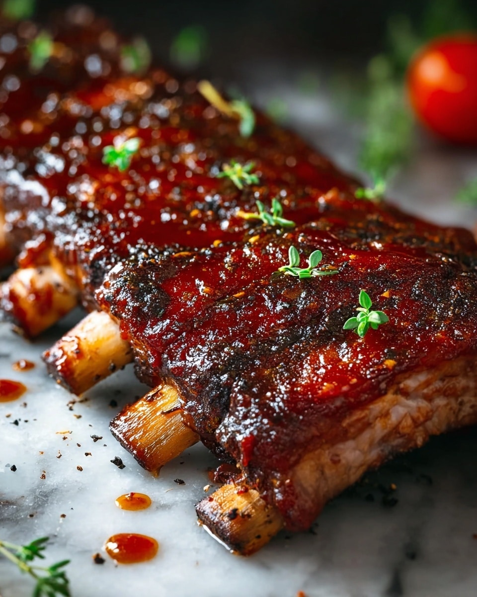 A close-up of a rack of ribs glazed with a shiny, dark reddish-brown barbecue sauce, showing five ribs with slightly charred edges and visible bone tips that are browned and grilled. The ribs have a textured surface with black pepper and specks of seasoning, topped with small fresh green herb sprigs. The background is a white marbled texture with scattered sauce drops, seasoning, and blurred green herbs and a red tomato in the distance. The lighting highlights the glossy meat and sauce, creating a rich and mouth-watering look photo taken with an iphone --ar 4:5 --v 7