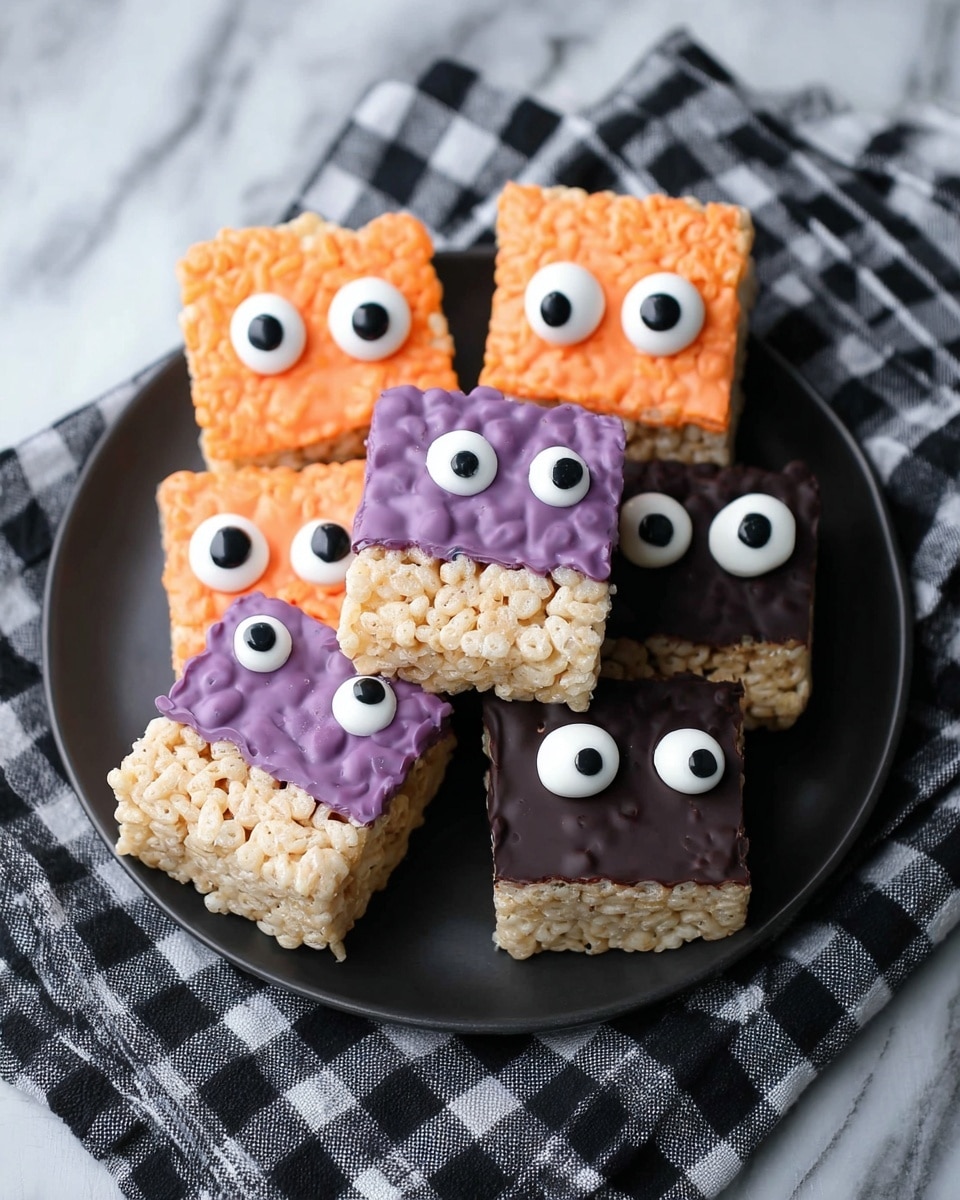 Five square rice crispy treats sit on a black plate over a black and white checkered cloth on a white marbled surface. Each treat is divided into two layers: the bottom layer is the light beige, textured rice crispy base, and the top half is coated in smooth, colored chocolate with candy eyes. Two treats have bright orange chocolate with five circular white candy eyes of different sizes, two treats have purple chocolate with five eyes, and one treat has dark brown chocolate with five eyes. The candy eyes are arranged to look like funny monster faces, varying slightly on each treat. Photo taken with an iphone --ar 4:5 --v 7