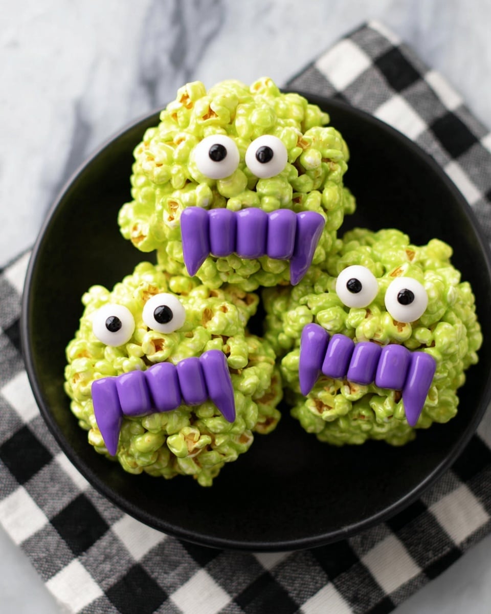 Three round treats made from yellow-green popcorn are shown stacked in a black bowl placed on a white marbled surface with a black and white checkered cloth underneath. Each treat has three small white candy eyes with black dots placed closely on top and a set of bright purple plastic vampire fangs with a smooth, shiny texture placed near the middle, forming a mouth. The popcorn pieces are tightly packed, and the green coating gives a glossy, uneven texture to the treats. The bowl is deep, round, and white, contrasting with the vibrant colors of the popcorn balls. Photo taken with an iphone --ar 4:5 --v 7