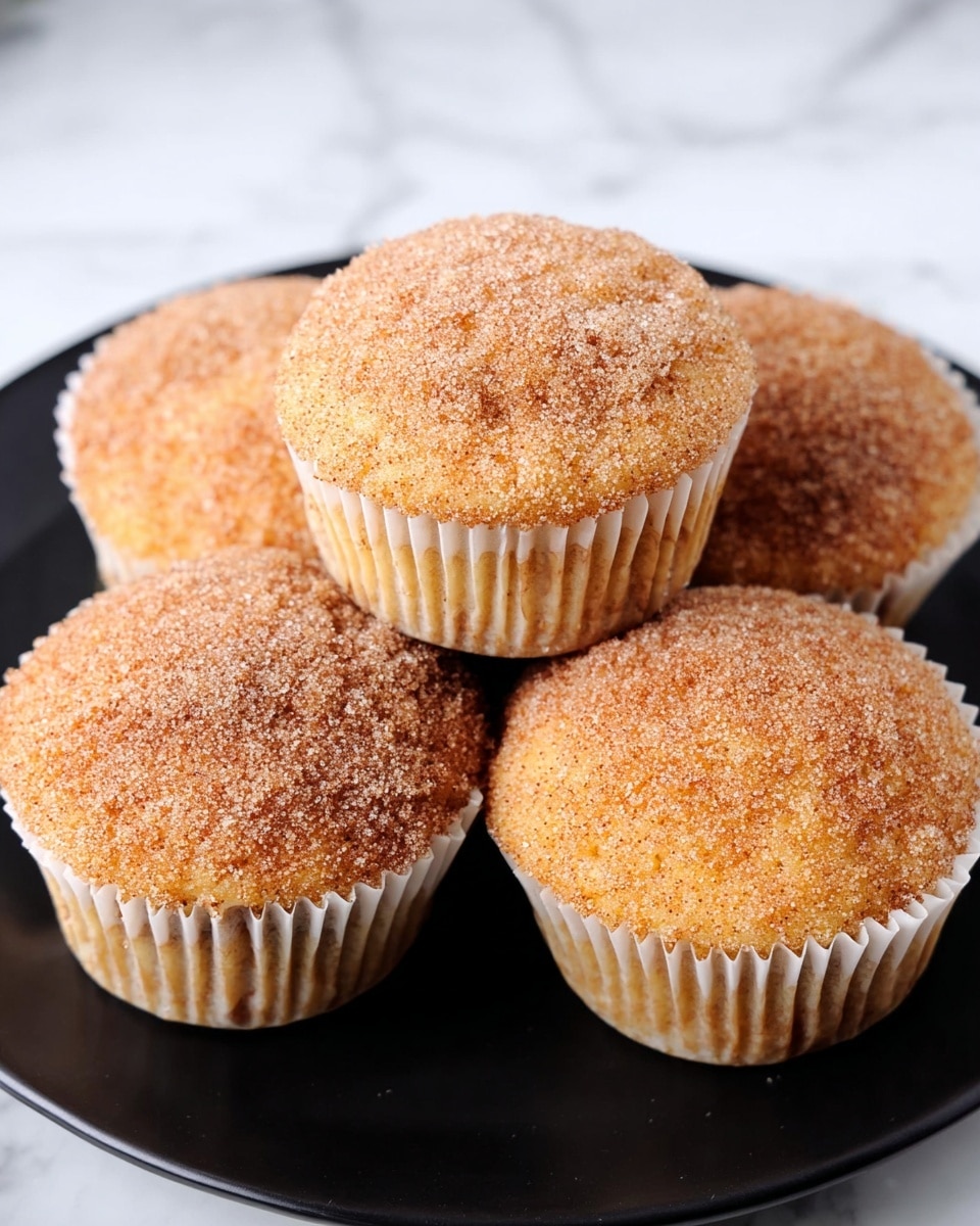 Five round muffins are shown, each in white crimped paper liners. The muffins have a soft, golden-brown top layer covered with a granular texture of cinnamon sugar, giving them a slightly rough and sparkly look. One muffin is placed on top at the center, with the other four arranged closely around it, forming a neat cluster. They sit on a smooth, glossy black plate, which contrasts with the light muffins and white paper liners. The background is a white marbled texture, adding a clean and simple feel to the image. photo taken with an iphone --ar 4:5 --v 7