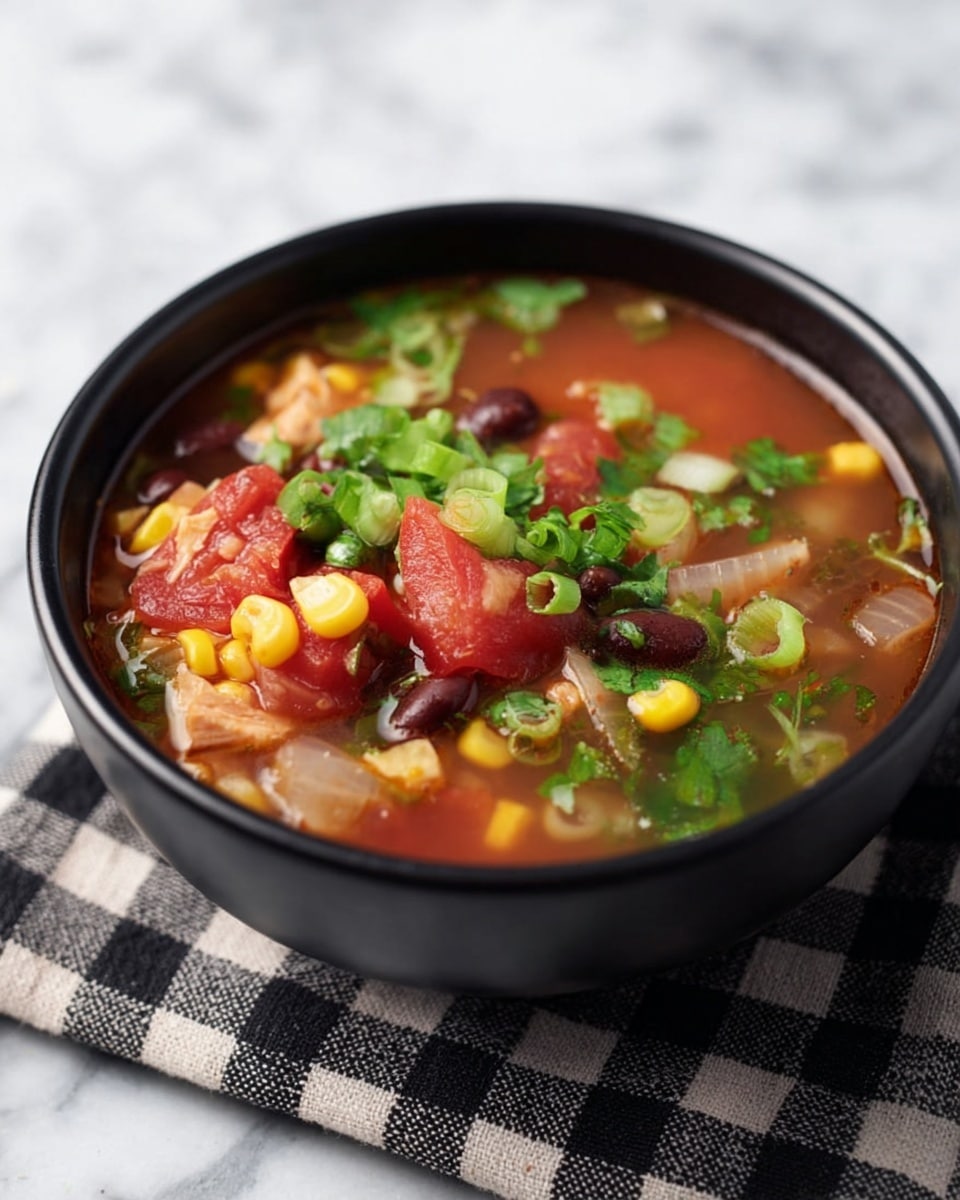 A close-up of a black bowl filled with a vegetable and bean soup, showing a mix of layered ingredients including bright red chunks of tomato, yellow corn kernels, dark brown beans, light tan pieces of tofu or chicken, and translucent white onion slices, all immersed in a clear reddish broth. Fresh green garnishes like chopped scallions and cilantro leaves are scattered on top. The bowl sits on a black and white checkered cloth, all set on a white marbled textured surface. photo taken with an iphone --ar 4:5 --v 7