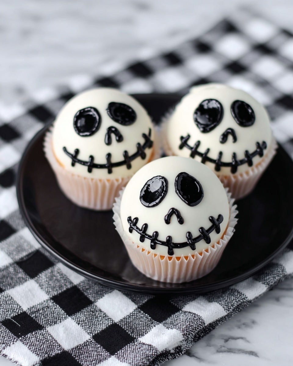 Three round white cupcakes sit on a black plate over a black-and-white checked cloth on a white marbled surface. Each cupcake has a smooth white frosting base shaped like a dome with black icing decoration resembling skull faces with hollow eyes, small dots for nostrils, and stitched mouths. Each cupcake rests in a light pink paper liner. The close-up photo shows the shiny texture of the icing and the neat, playful skull designs. Photo taken with an iphone --ar 4:5 --v 7