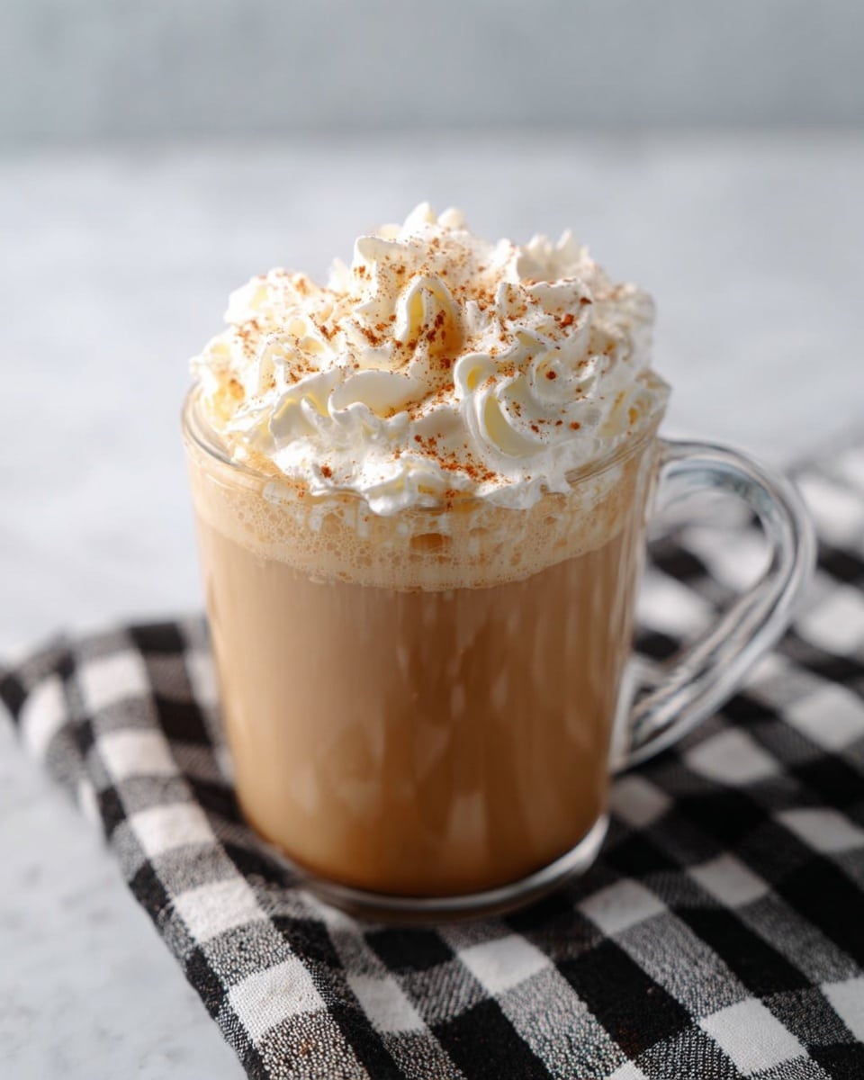 A clear glass mug filled with light brown creamy coffee sits on a black and white checkered cloth over a white marbled surface. The drink is topped with a thick, fluffy layer of white whipped cream, sprinkled lightly with brown cinnamon powder. The whipped cream features soft swirls and peaks that rise above the rim of the mug, adding texture and volume to the drink. Photo taken with an iphone --ar 4:5 --v 7