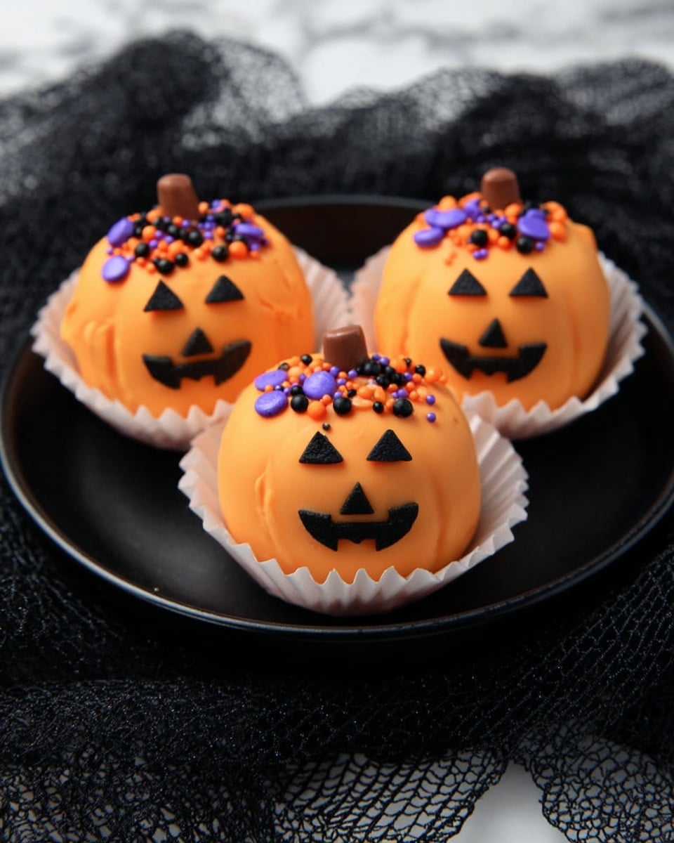 Three small pumpkin-shaped treats sit on a black plate, each placed inside white ruffled paper cups. The treats are smooth and orange, with jack-o'-lantern faces carved on them, featuring triangle eyes and a zigzag mouth. The tops have colorful round sprinkles in purple, black, and orange, and a small brown stem. The plate rests on a black woven fabric, and the background shows a white marbled texture. photo taken with an iphone --ar 4:5 --v 7