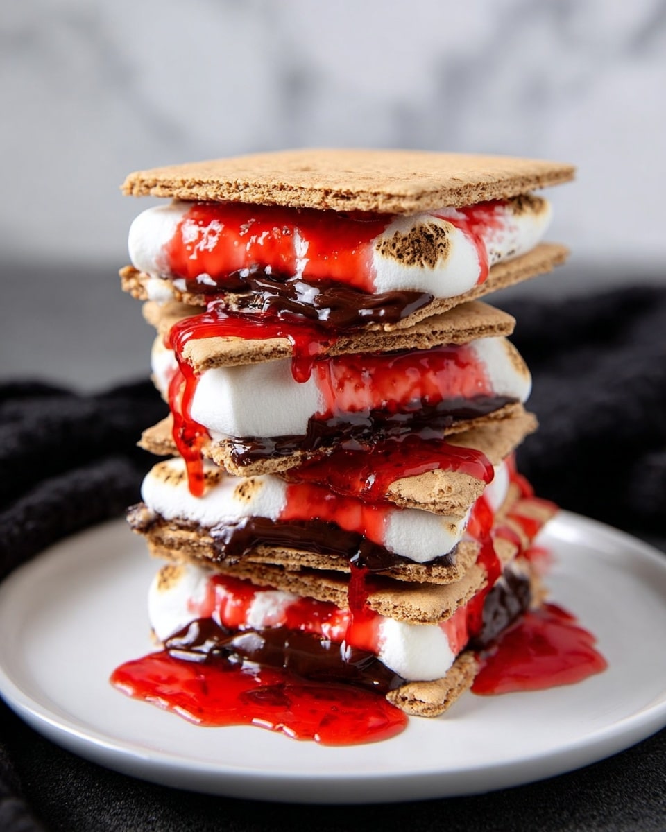 A tall stack of five s'mores rests on a white plate, each layer made of a square, light brown graham cracker on top and bottom, with toasted white marshmallows and melted dark brown chocolate in between. Bright red syrup drips generously over the marshmallows and chocolate, running down the sides of the stack and pooling slightly on the plate. The background is a white marbled texture with a soft black cloth blurred behind the plate. The photo taken with an iphone --ar 4:5 --v 7
