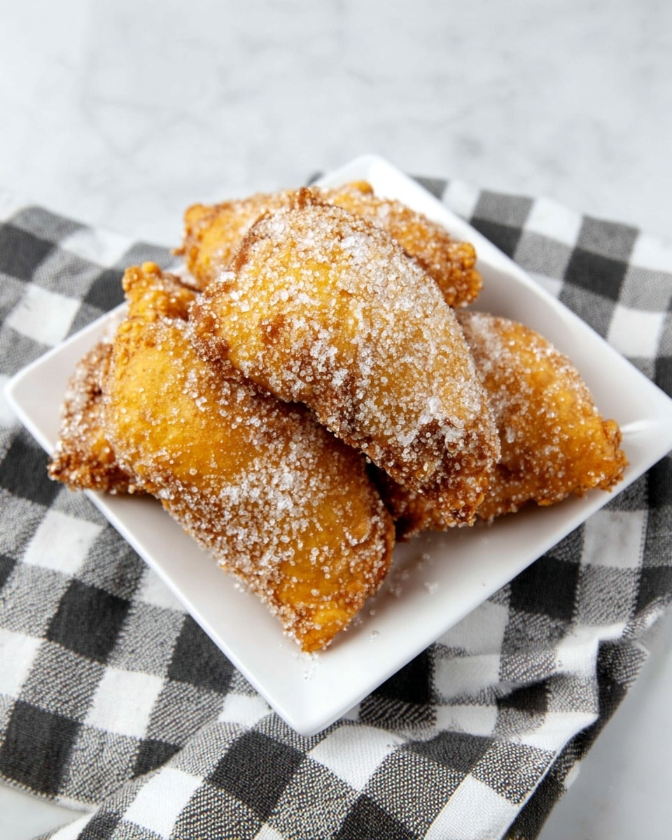 A white square plate holds five golden-brown fried pastries, each covered with a dusting of white sugar crystals that add texture and sparkle. The pastries are arranged casually, slightly overlapping each other, showing their crisp, uneven surfaces with rough edges. The plate rests on a black and white checkered cloth, which lies on a white marbled surface, adding a soft contrast to the warm tones of the pastries. photo taken with an iphone --ar 4:5 --v 7