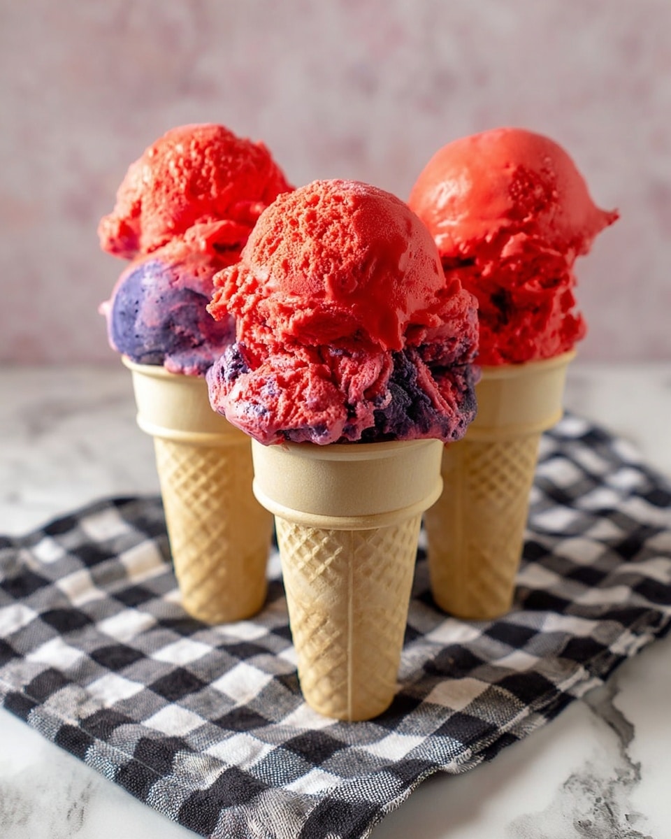 The image shows three ice cream cones arranged close together on a white and black checkered cloth, which is placed on a white marbled surface. Each cone has two scoops of ice cream; the bottom scoop is a mix of red and purple with a slightly rough texture and visible swirls, while the top scoop is bright red with a smoother, creamy texture. The cones are light beige with a classic waffle pattern. The focus is sharp on the front cone, while the other two are slightly blurred behind it, creating depth in the picture. photo taken with an iphone --ar 4:5 --v 7