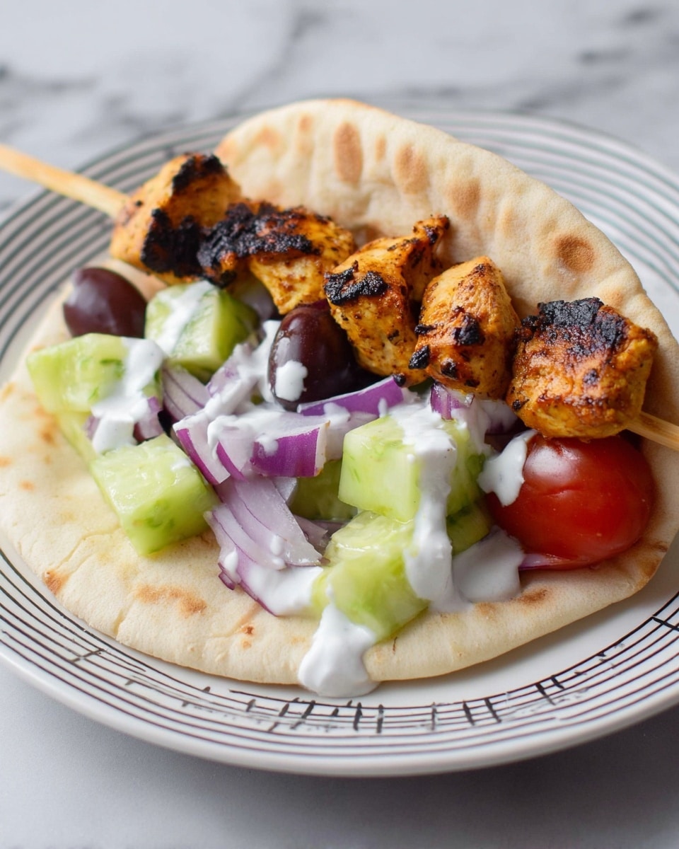 A white plate with black lines holds a pita flatbread folded slightly in the back. On the flatbread, there is a wooden skewer with grilled chicken pieces that are golden brown with charred edges, placed at the back. In front of the chicken, there are chunks of thick green cucumber, slices of purple onion, small dark olives, and two red grape tomatoes. White creamy sauce is drizzled over the vegetables and chicken, creating a smooth contrast with the bright and roasted colors. The surface under the plate is a white marbled texture. Photo taken with an iphone --ar 4:5 --v 7