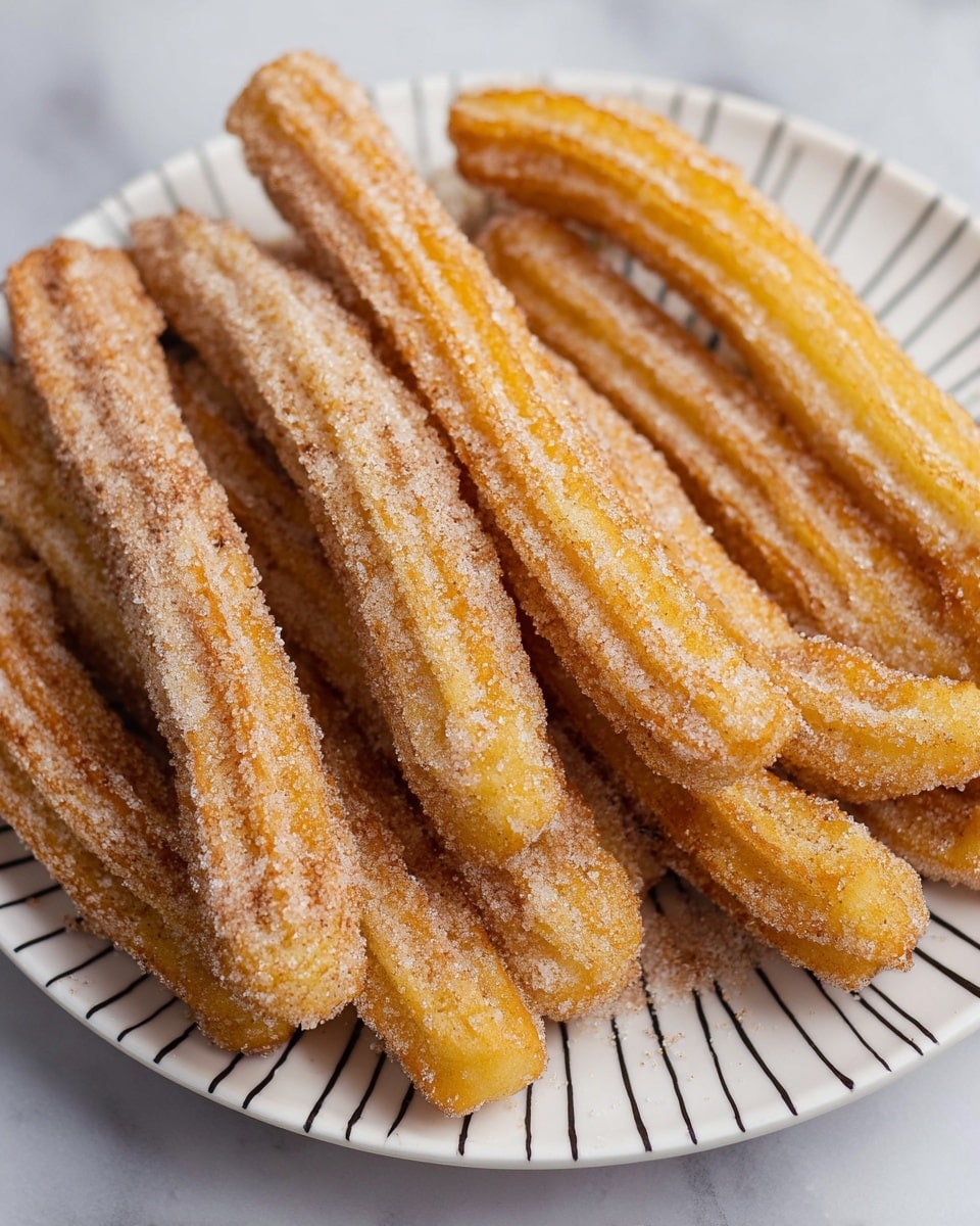 A white plate with black lines holds many churros stacked closely together. Each churro is long and ridged with a golden-brown color, covered evenly with a coating of granulated sugar that gives a sparkling texture all over. The churros are arranged horizontally, some laying on top of others, showing their crisp and slightly rough surfaces. The plate sits on a white marbled surface. photo taken with an iphone --ar 4:5 --v 7