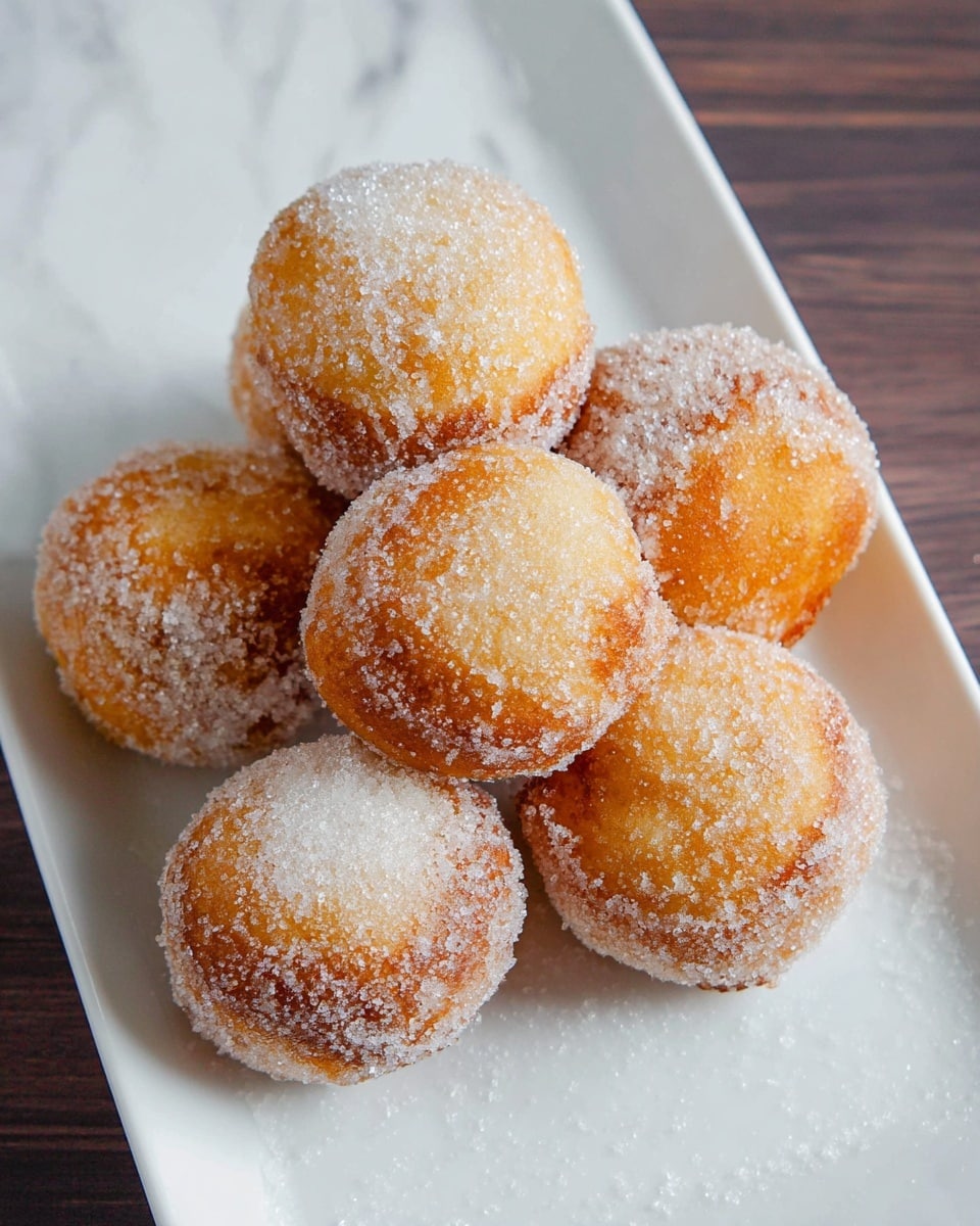 A white rectangular plate holds eight round donut holes arranged in two layers; the bottom layer has five and the top layer has three. Each donut is golden brown and coated evenly in a layer of white sugar, giving them a slightly rough texture on the surface. The plate sits on a white marbled surface, and the scene is lit softly to show the sugar crystals sparkling gently. photo taken with an iphone --ar 4:5 --v 7