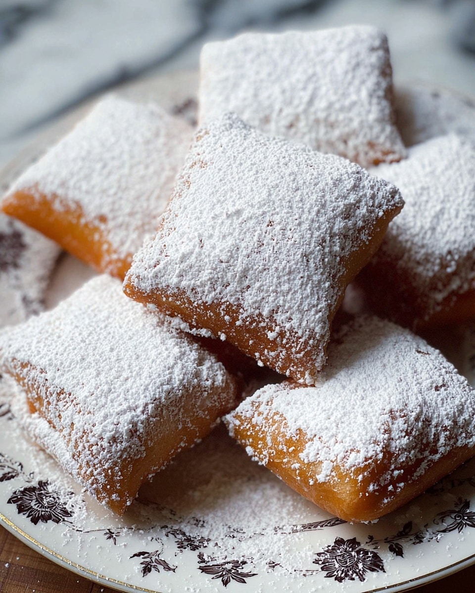 A close-up view of a white plate with a dark floral pattern filled with square-shaped light brown beignets covered thickly with white powdered sugar, showing a soft and slightly puffy texture on each piece, all stacked closely together. The background is a white marbled texture. photo taken with an iphone --ar 4:5 --v 7