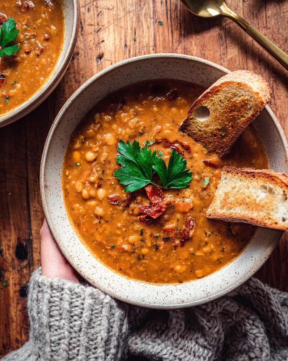 A rustic bowl filled with thick orange-brown soup containing visible chunks of legumes and pieces of red sun-dried tomatoes, topped with two fresh green parsley leaves placed near the center. On one side of the bowl, there are two small pieces of golden-brown toasted bread resting on the soup surface. The bowl is off-white with a speckled rim and sits on a wooden surface. A woman's hand holding a gray knitted cloth is visible at the bottom edge near the bowl, and a second bowl with similar soup and two golden spoons are partially in view on the left side. photo taken with an iphone --ar 4:5 --v 7