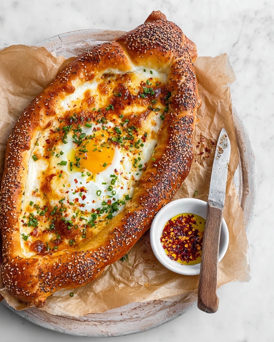 A boat-shaped bread with a thick, golden-brown crust sprinkled with black and white sesame seeds, sesame salt, and spices edges the dish. Inside, there is a baked layer of creamy bubbly melted white cheese topped with a cooked egg; the egg yolk is partly runny with bright yellow color, and the whites are firm with browned spots. Small green chive pieces are scattered on top along with red chili flakes. The bread sits on crumpled light brown parchment paper on a round white wooden board. Near the bread is a small white bowl with red chili flakes and oil, with a knife with a wooden handle resting alongside. The surface beneath the board is a white marbled texture. photo taken with an iphone --ar 4:5 --v 7