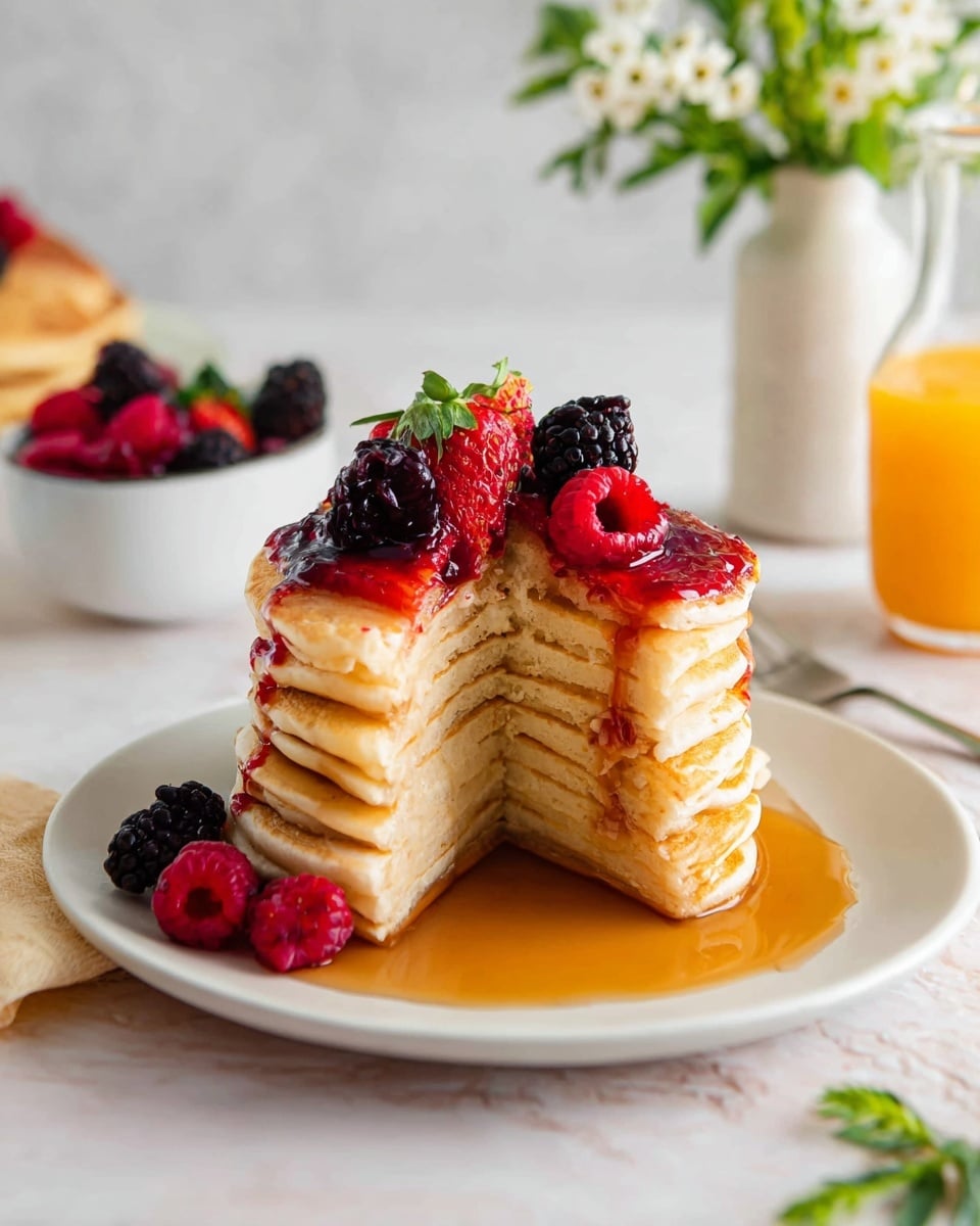 A stack of nine light golden pancakes sits at the center on a white plate, with a wedge cut out to show the soft, fluffy inside layers. The top pancake is covered with bright red strawberry sauce and fresh berries, including a raspberry and a blackberry, which add rich red and black colors. More berries rest on the side of the plate, and syrup pools around the base of the stack, giving it a glossy, warm amber shine. In the blurry background, there is another small white bowl with berries, a clear bottle of orange juice, and a small white vase with green leaves and white flowers, all placed on a white marbled texture. photo taken with an iphone --ar 4:5 --v 7