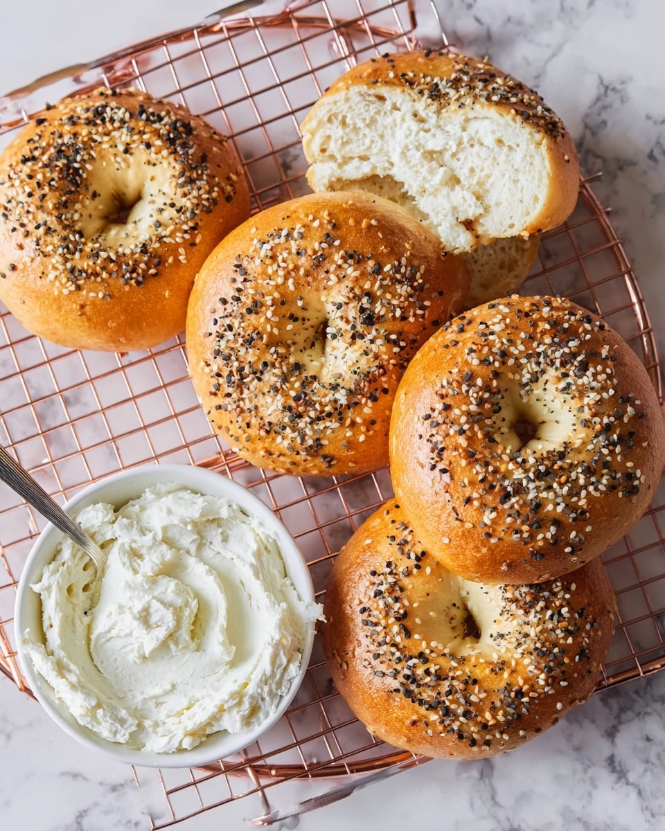 The image shows four golden brown bagels topped with a mix of white sesame seeds, black seeds, and other small seasonings. Three whole bagels sit on a rose gold wire rack over a white marbled surface, while the fourth bagel is split open in halves, showing its soft, fluffy white inside. Next to the bagels is a white bowl filled with thick, creamy white spread, with a small silver spoon inside it. The bagels have a shiny, slightly crispy crust with uneven toasting marks. photo taken with an iphone --ar 4:5 --v 7