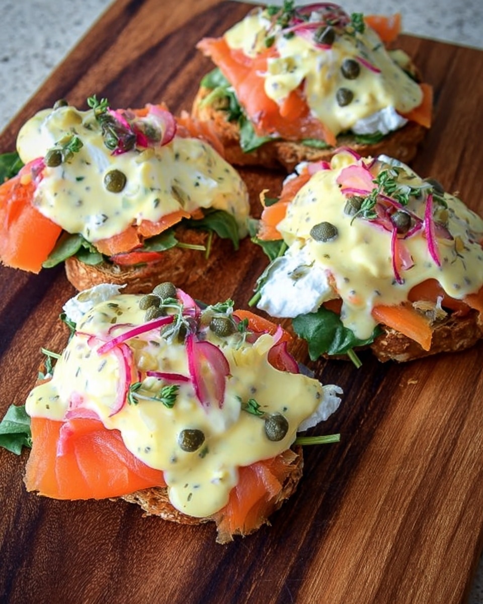 The image shows four small open-faced sandwiches on a wooden board, each with several visible layers. The bottom layer is a crispy, light brown bread base. On top of this, there is a layer of fresh green leaves, followed by slices of bright orange smoked salmon. Above the salmon, there is a soft white layer of cream or cheese, and the whole sandwich is covered with a thick, creamy, pale yellow sauce with flecks of herbs and thin slices of pink radish. Small green capers are scattered on top of the sauce. The wooden board has a rich dark brown color and natural grain patterns, contrasting with the vibrant colors of the food. photo taken with an iphone --ar 4:5 --v 7
