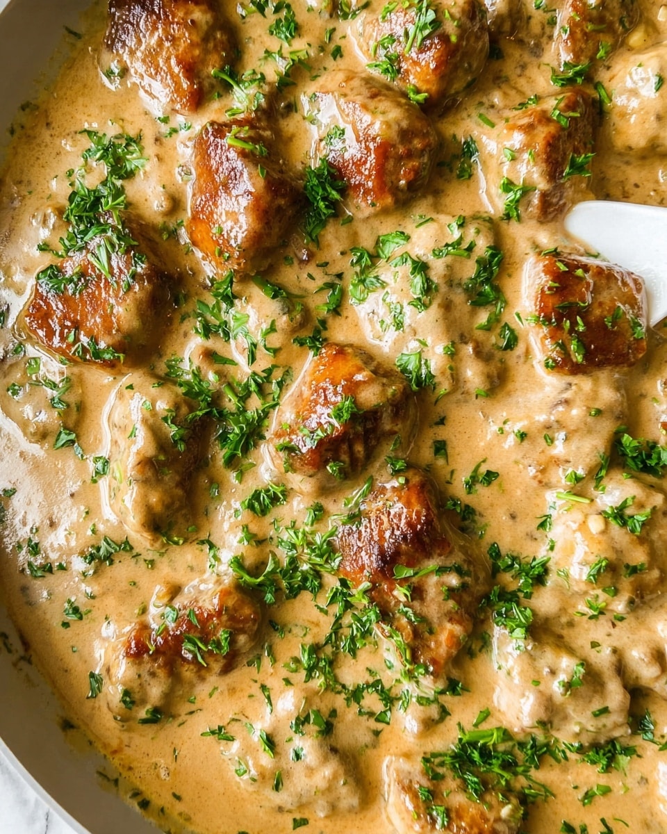 This image shows pieces of browned meat covered in a thick, creamy light brown sauce with a smooth texture. The meat pieces are uneven in shape with seared edges, scattered evenly across the sauce which fills the entire dish surface. Bright green chopped herbs are sprinkled generously over the sauce, adding a fresh contrast in color. A white spoon is partially visible, suggesting the dish is ready to be served, all set against a white marbled background. Photo taken with an iphone --ar 4:5 --v 7