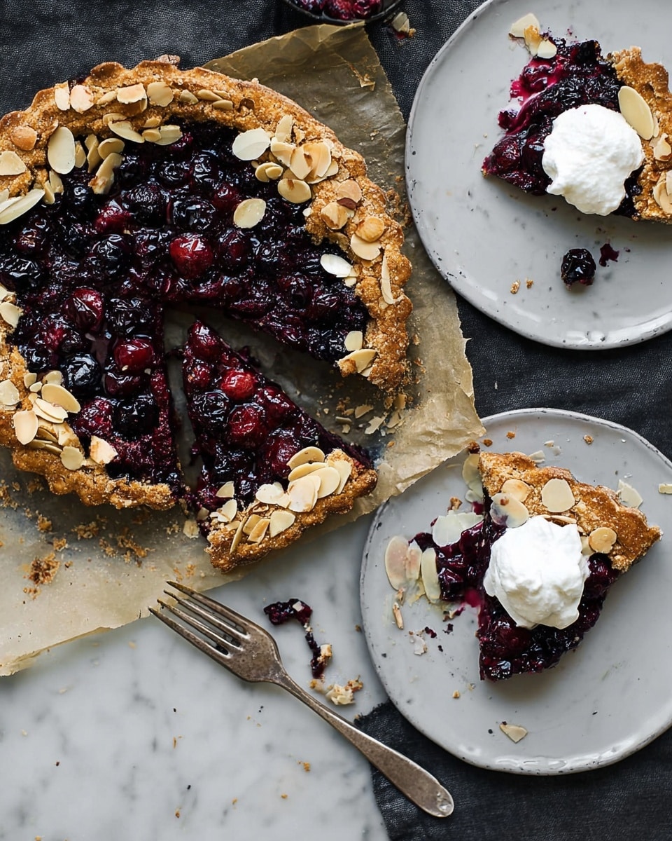 The image shows a sliced berry tart with a golden-brown crust topped with almond slices surrounding a dark purple berry filling of whole berries. The tart is placed on parchment paper over a white marbled surface. There are two white plates with individual slices of the tart, each slice having a dollop of white whipped cream on top. One plate has a woman's hand holding a silver fork near the tart slice. The crust's texture is rough and nutty, and the berry filling looks juicy and glossy. The overall look is rustic and fresh. photo taken with an iphone --ar 4:5 --v 7