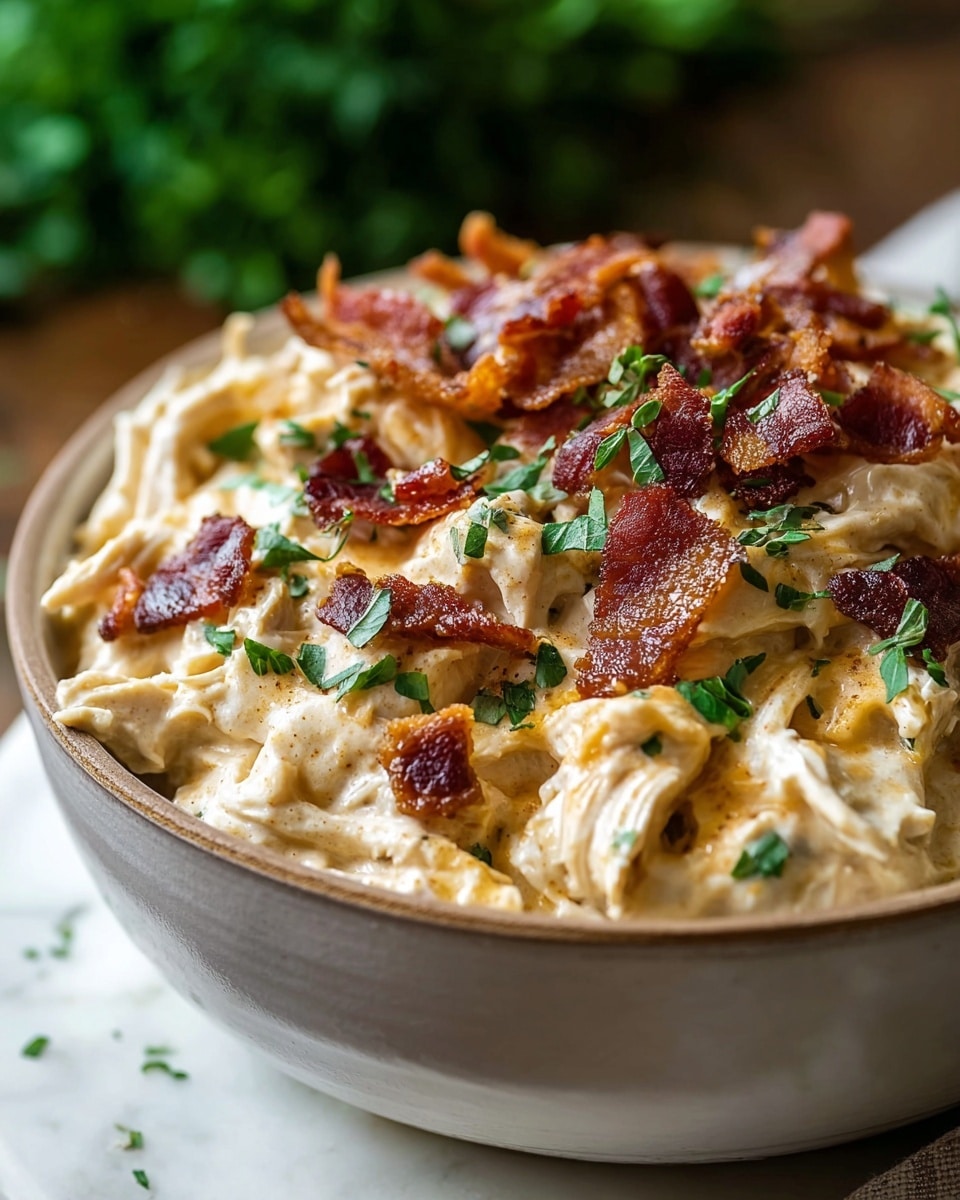 A close-up of a dish in a white bowl filled with creamy light beige shredded chicken mixed with a smooth, cheesy sauce. On top, there are crispy brown bacon pieces scattered across the surface, adding texture and color contrast. Small green herb leaves are sprinkled over the top, bringing a fresh touch. The bowl sits on a white marbled textured surface, and the background is softly blurred with hints of greenery. photo taken with an iphone --ar 4:5 --v 7