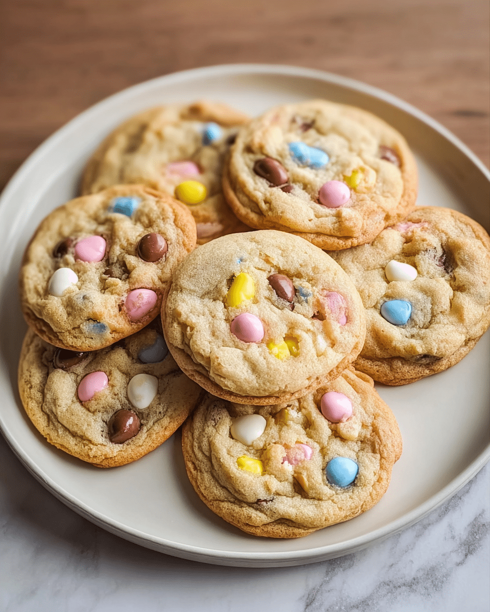 A white plate holds seven soft cookies with a golden-brown base, slightly crispy edges, and a chewy, light tan center. Each cookie is topped with colorful candy-coated chocolate pieces in pastel shades of yellow, pink, blue, white, and peach, scattered unevenly across the surface with some melted chocolate chips visible. The plate is placed on a white marbled texture. The focus is sharp on the front cookies, showing the texture details, while the cookies in the back are gently blurred. Photo taken with an iphone --ar 4:5 --v 7