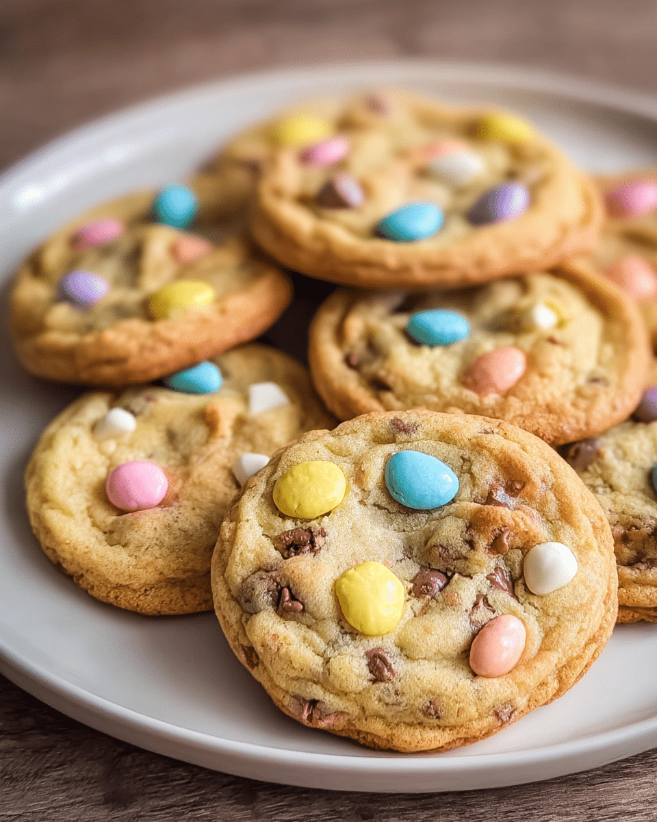 A round white plate holds seven soft, freshly baked cookies close together. Each cookie has a golden-brown edge and a lighter beige center with a slightly bumpy texture. The cookies are loaded with colorful candy-coated pieces in pastel shades of yellow, pink, blue, and white, as well as small, smooth chocolate chips scattered unevenly through the dough. The plate sits on a white marbled surface, adding a clean, bright background that contrasts with the warm tones of the cookies. photo taken with an iphone --ar 4:5 --v 7