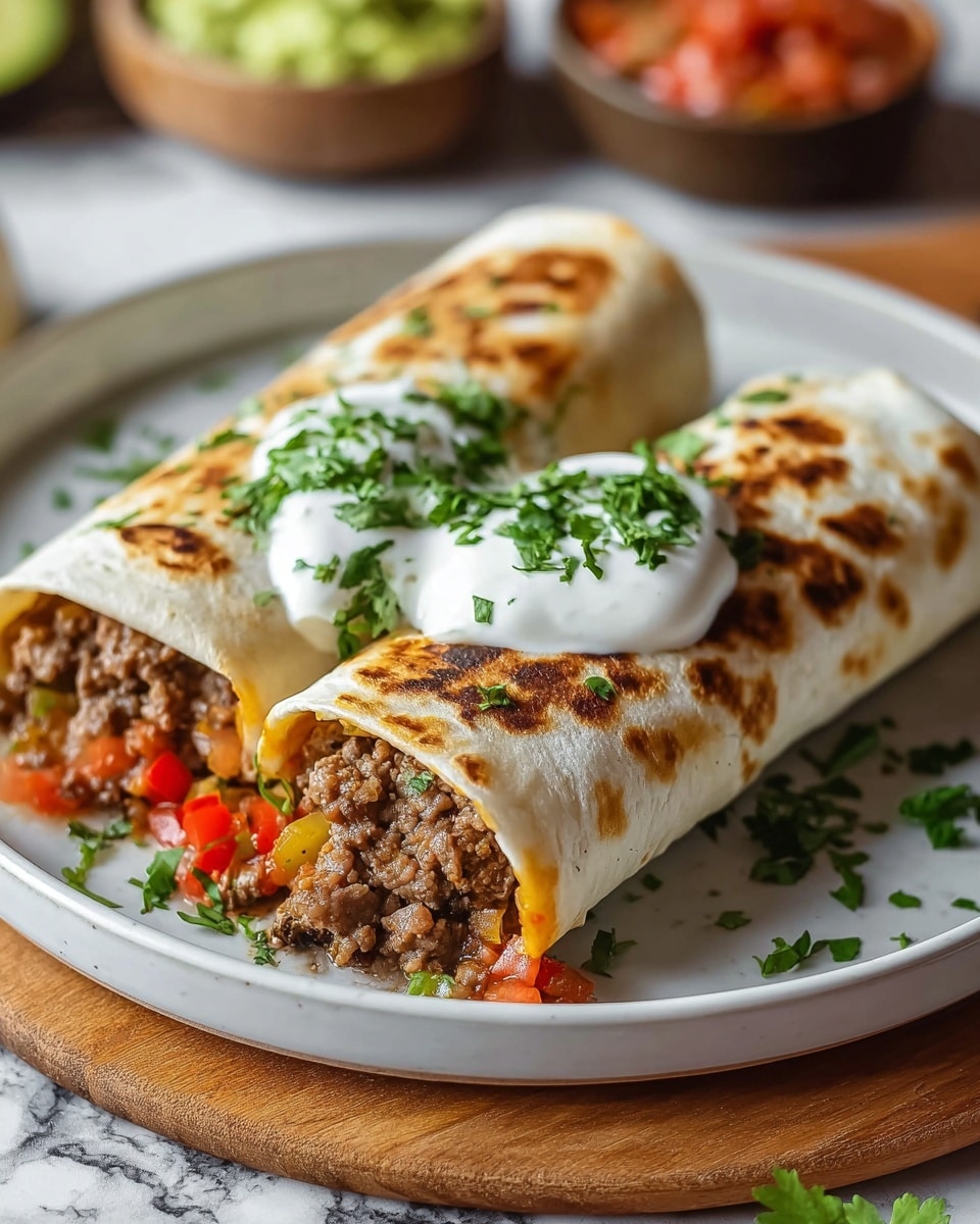Two rolled burritos are placed side by side on a round white plate. Each burrito has a soft, light brown grilled tortilla on the outside with visible char marks. Inside, the first layer shows cooked minced beef mixed with small diced red and green bell peppers and onions, giving a mix of brown, red, green, and white colors. On top of one burrito, there is a dollop of white sour cream sprinkled with chopped green cilantro leaves, and more chopped cilantro is spread over both burritos. The plate sits on a white marbled surface, and in the blurred background, there are small bowls with green guacamole and red salsa. photo taken with an iphone --ar 4:5 --v 7
