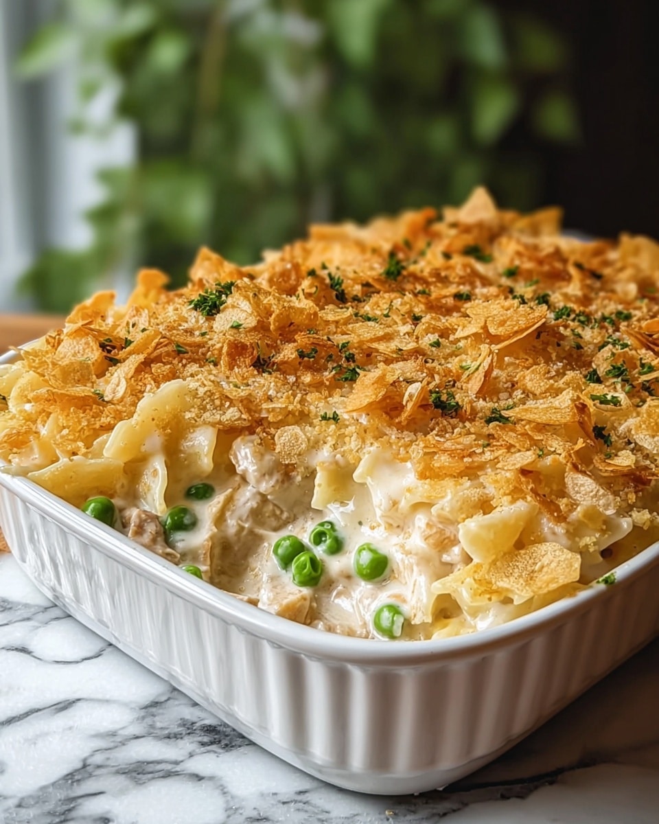 A white ceramic baking dish holds a creamy casserole with visible three layers: the base layer is light with tender beige pasta and scattered bright green peas; the middle layer is a thick, smooth, light-colored sauce intermixed with chunks of soft, pale meat; the top layer is a crunchy, golden-brown topping made of crumbled crispy flakes, sprinkled with small bits of green herbs. The dish sits on a white marbled surface with a blurred green plant in the background. photo taken with an iphone --ar 4:5 --v 7