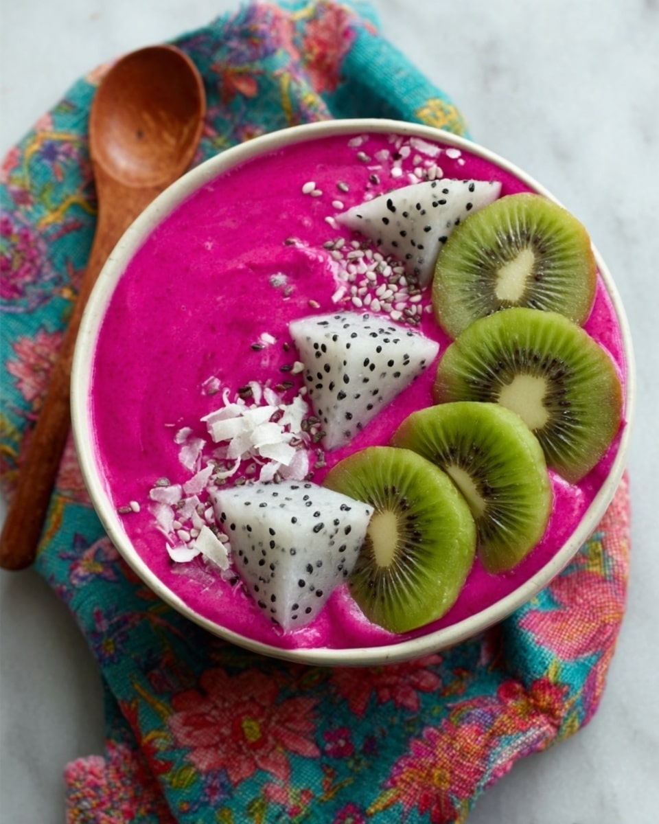The image shows a white bowl filled with a bright pink smoothie base that is smooth and creamy, almost like thick yogurt. On top of the pink layer, there are thin slices of green kiwi with visible seeds, placed neatly along one edge. Next to the kiwi slices are two pieces of dragon fruit, white with small black seeds, with a slightly rough texture around the edges. Scattered over the pink base are small white coconut flakes and tiny chia seeds, adding a bit of texture and color contrast. The bowl is resting on a folded, colorful cloth with a floral pattern, and a wooden spoon is placed on the white marbled surface beside it. Photo taken with an iphone --ar 4:5 --v 7