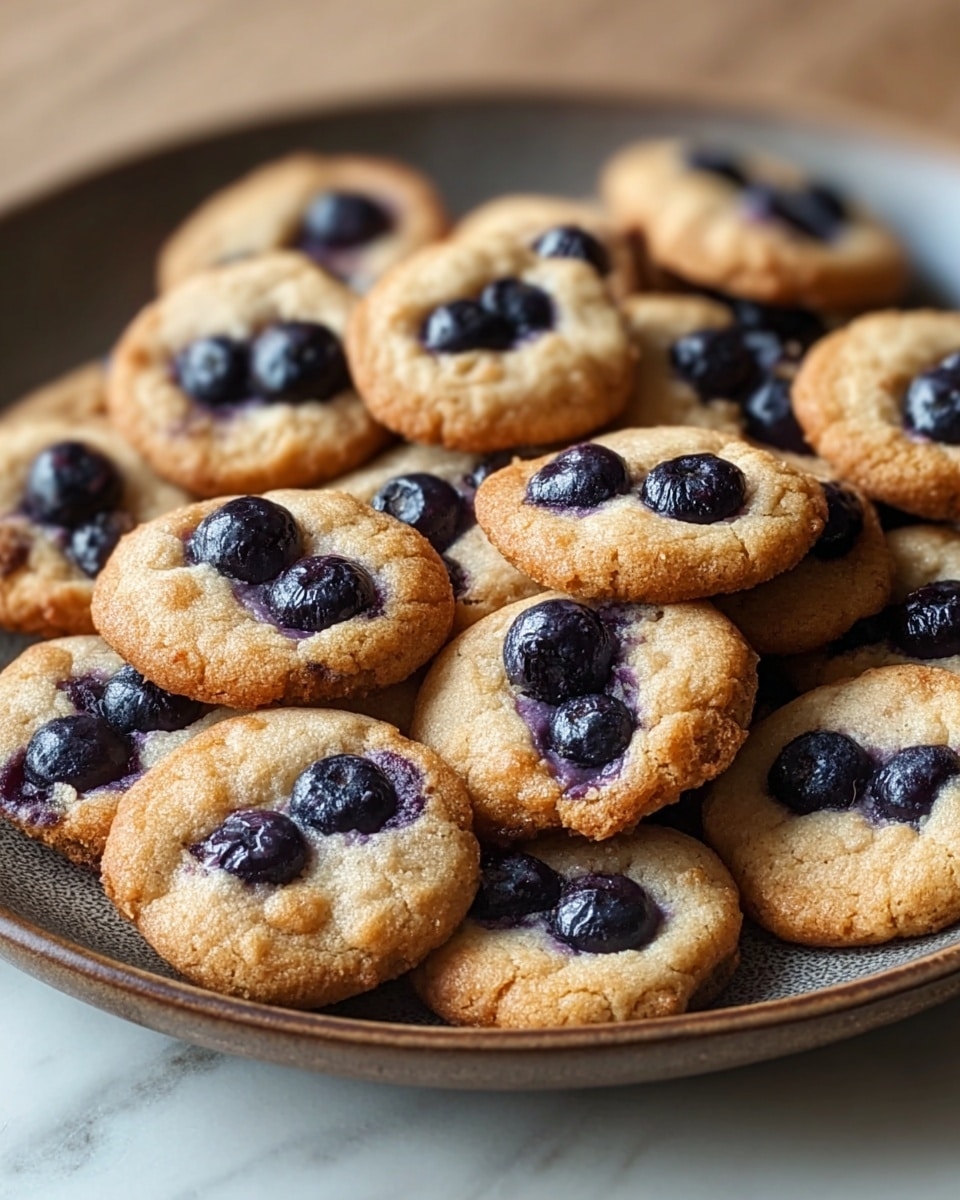 A brown plate filled with a pile of small golden-brown cookies, each topped with one or two deep blue, shiny blueberries. The cookies have a slightly rough texture with gently browned edges and soft centers where the blueberries melt into the dough. The pile is scattered casually with some cookies overlapping and others partially hidden, all resting on a white marbled surface. Photo taken with an iphone --ar 4:5 --v 7