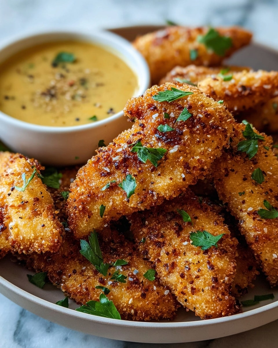 The image shows a close-up of a dark bowl filled with several pieces of golden-brown, crispy fried chicken tenders. The chicken has a textured, crunchy coating with visible seasoning and small bits of herbs scattered on top. Bright green parsley leaves are sprinkled over the chicken, adding a pop of color. In the upper part of the bowl, there is a small dark round cup filled with creamy yellow dipping sauce that has small bits of herbs or spices floating in it. The dish is set on a white marbled texture surface. Photo taken with an iphone --ar 4:5 --v 7