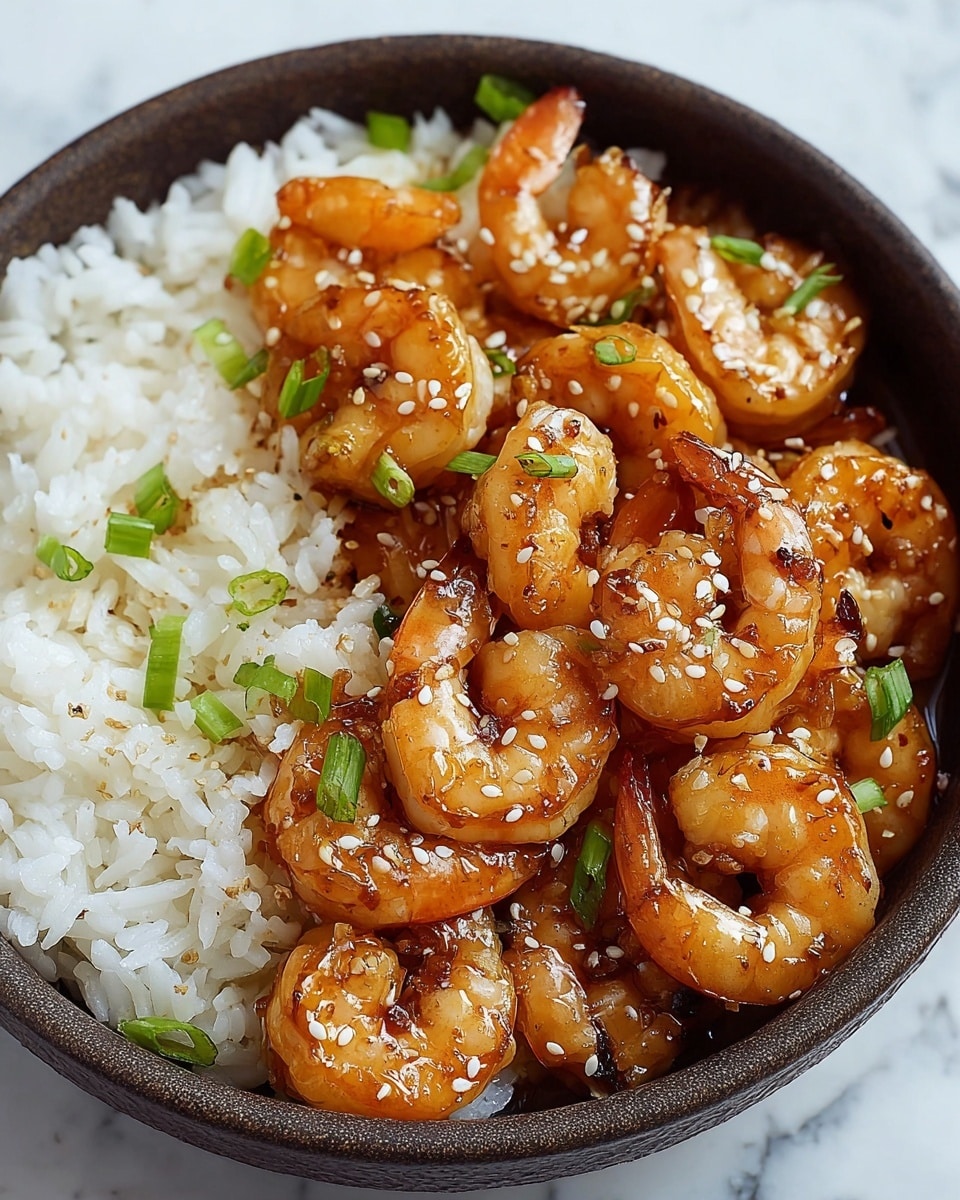 A bowl shows two main layers: the bottom layer is a bed of white rice, soft and fluffy with some light sesame seeds scattered on top, taking up half the bowl on the right side. The top layer consists of many cooked shrimp, golden-brown with a glazed, shiny texture, arranged closely over the rice on the left side and center. Small pieces of green onion and white sesame seeds are sprinkled over the shrimp, adding touches of green color and tiny white dots, giving freshness and contrast. The bowl is set on a white marbled surface. photo taken with an iphone --ar 4:5 --v 7
