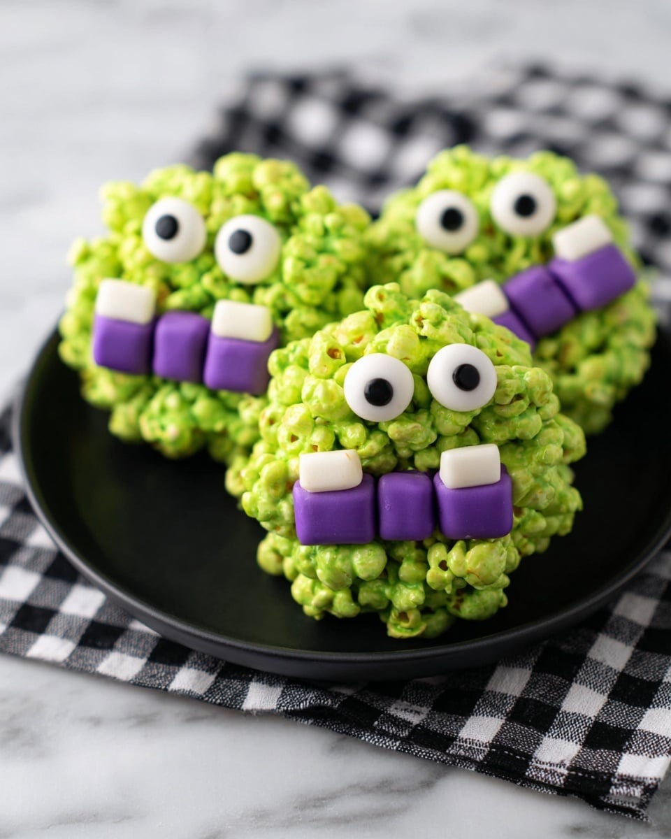 Three round treats made of bright green popcorn are stacked on a black bowl resting on a black and white checkered cloth on a white marbled surface. Each treat has three round white candy eyes with small black pupils placed near the top center. The mouth is formed by two pieces of purple candy shaped like rows of sharp teeth, one for the upper jaw and one for the lower, positioned in the middle front of each treat. The popcorn texture is clustered and uneven, giving a bumpy surface that contrasts with the smooth candy eyes and teeth. Photo taken with an iphone --ar 4:5 --v 7