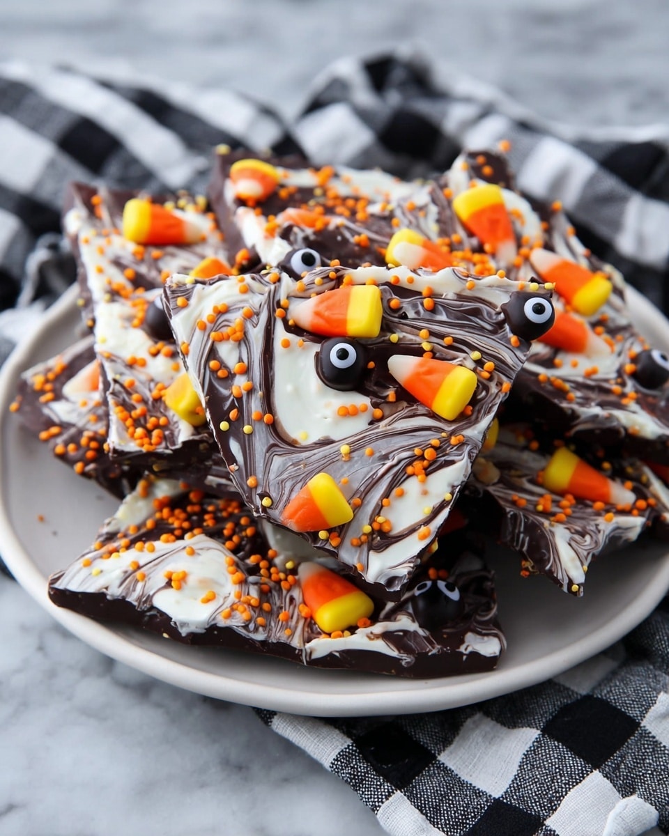 The image shows several broken pieces of bark-style chocolate layered with dark chocolate on the bottom, topped with a thick creamy white layer swirled with dark chocolate creating a marbled effect. On top, there are scattered small round sprinkles in orange and black colors along with candy eyes and candy corns placed randomly. The pieces have uneven, jagged edges and are served piled in a white round plate set on a white marbled surface with a black and white checkered cloth underneath. The overall look is colorful and festive with a messy, tasty appeal. photo taken with an iphone --ar 4:5 --v 7