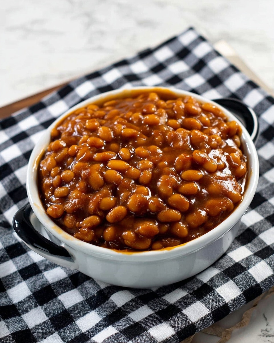 A close-up view of a white ceramic dish filled with a thick layer of baked beans in a shiny brown sauce, showing the beans’ smooth and slightly wrinkled texture. The beans are piled high and spread evenly to the edges, with some sauce slightly dripping over the dish’s rim. The dish has small black handles on either side and is placed on a black and white checkered cloth set on a white marbled surface. photo taken with an iphone --ar 4:5 --v 7
