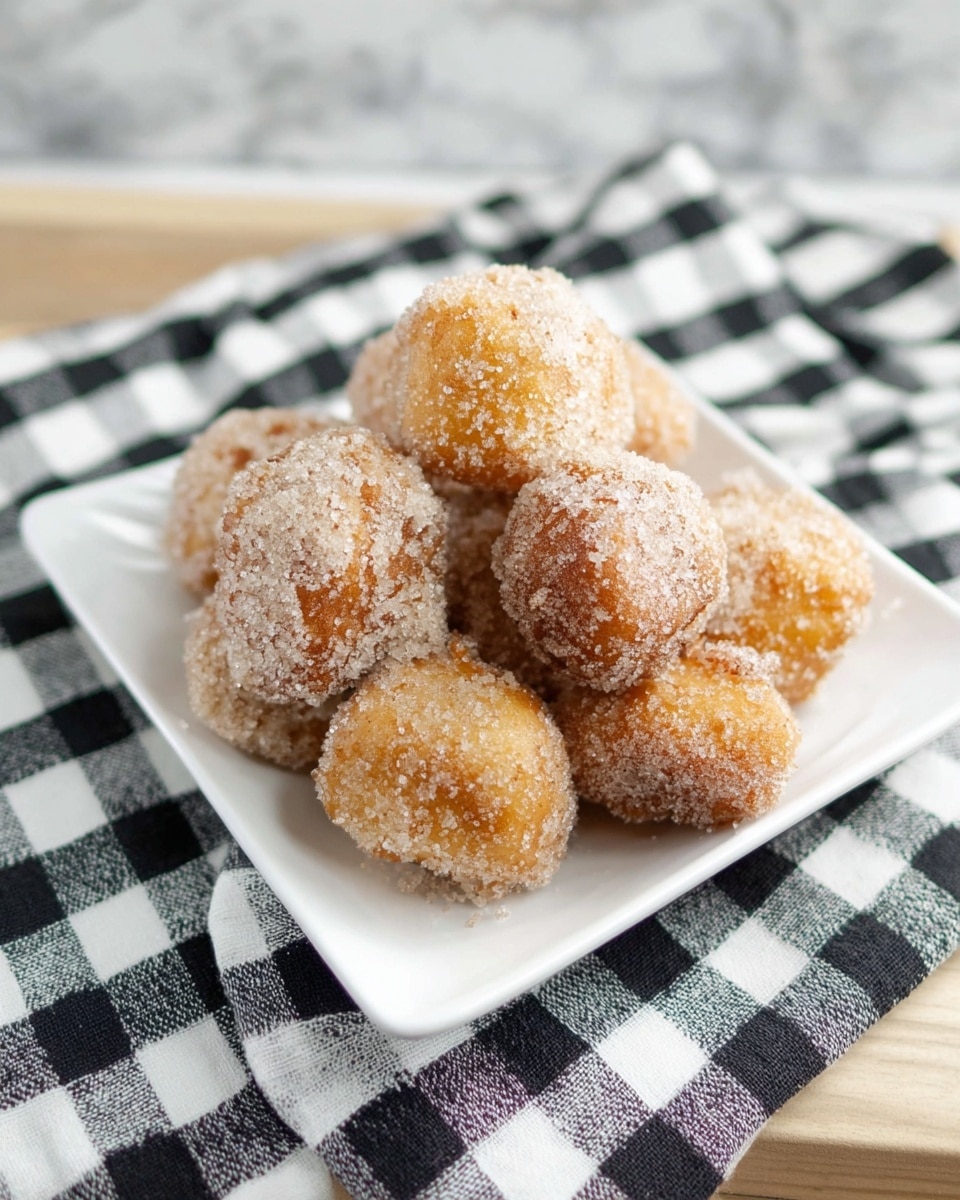A white square plate is filled with about nine small, round fritters covered with a sparkling layer of sugar. The fritters are golden-brown underneath the sugar coating, with some showing darker brown spots from frying. The plate sits on a black and white checkered cloth, all placed on a white marbled surface. The fritters look soft and fluffy with a slightly rough sugar texture on the outside. photo taken with an iphone --ar 4:5 --v 7