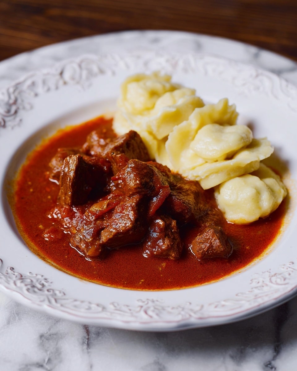 A white plate with decorative edges holds a dish with two main layers: on one side, several pale yellow, thick, soft slices of dumpling arranged in a stacked row; on the other side, a rich, dark reddish-brown thick sauce with large tender chunks of meat sitting in it, covering half of the plate, all set on a white marbled surface. photo taken with an iphone --ar 4:5 --v 7